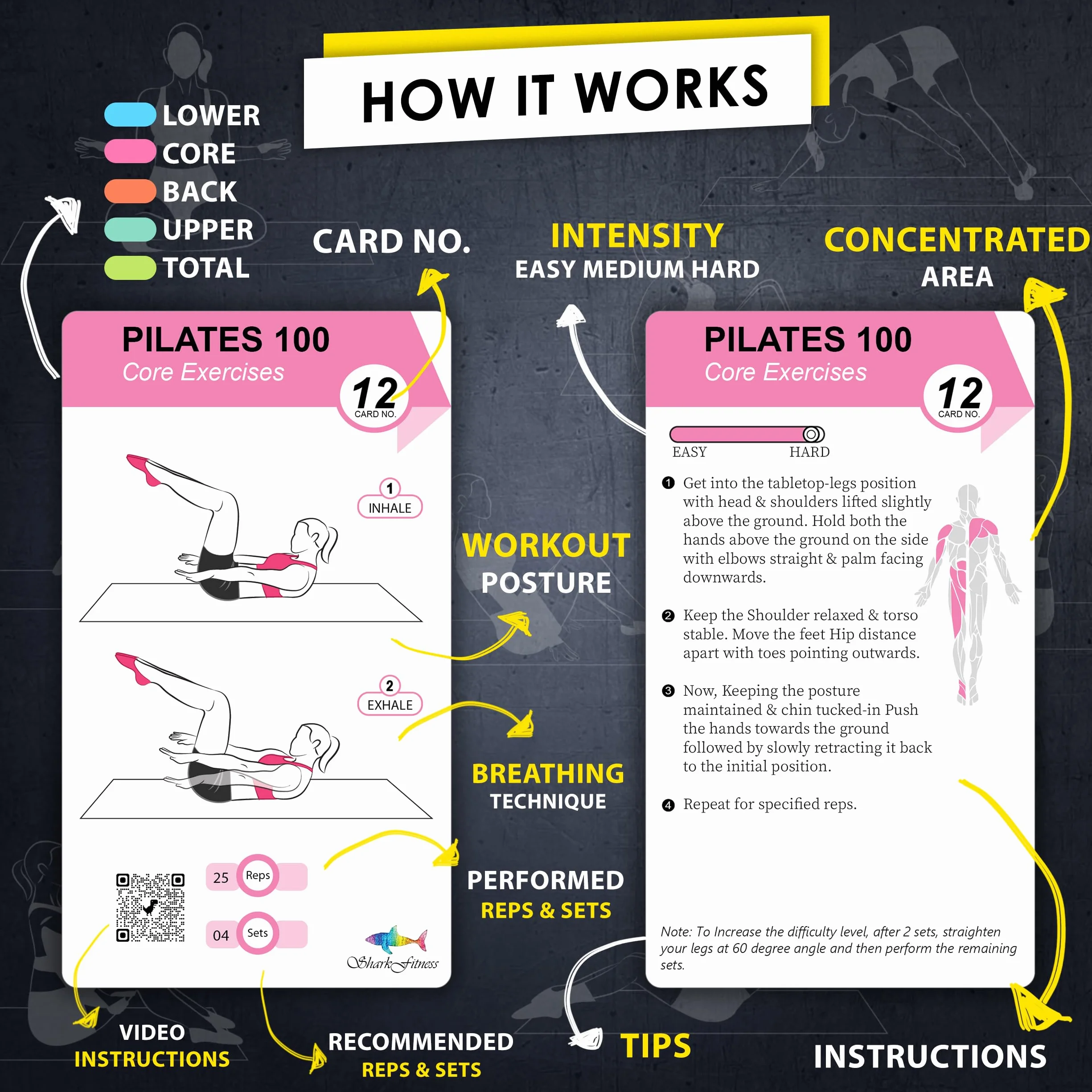 Cartes de Pilates – 58 cartes d'exercice avec instructions vidéo et conseils de respiration | Marqueur effaçable à sec et anneau gratuit pour planificateur d'entraînement à domicile pour femme