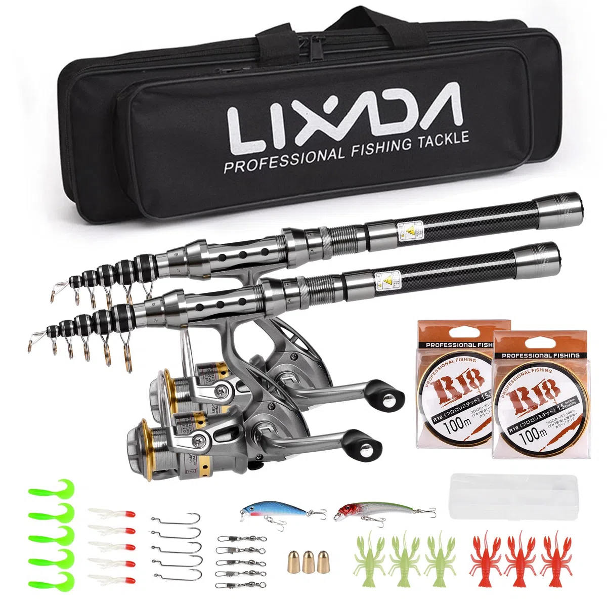 Lixada Lot de 2 Cannes à pêche 1,5/1,8/2,1/2,4 m, Moulinet télescopique en Fibre de Carbone, moulinets de pêche avec hameçons, leurres Souples, Baril émerillons, Sac de Rangement