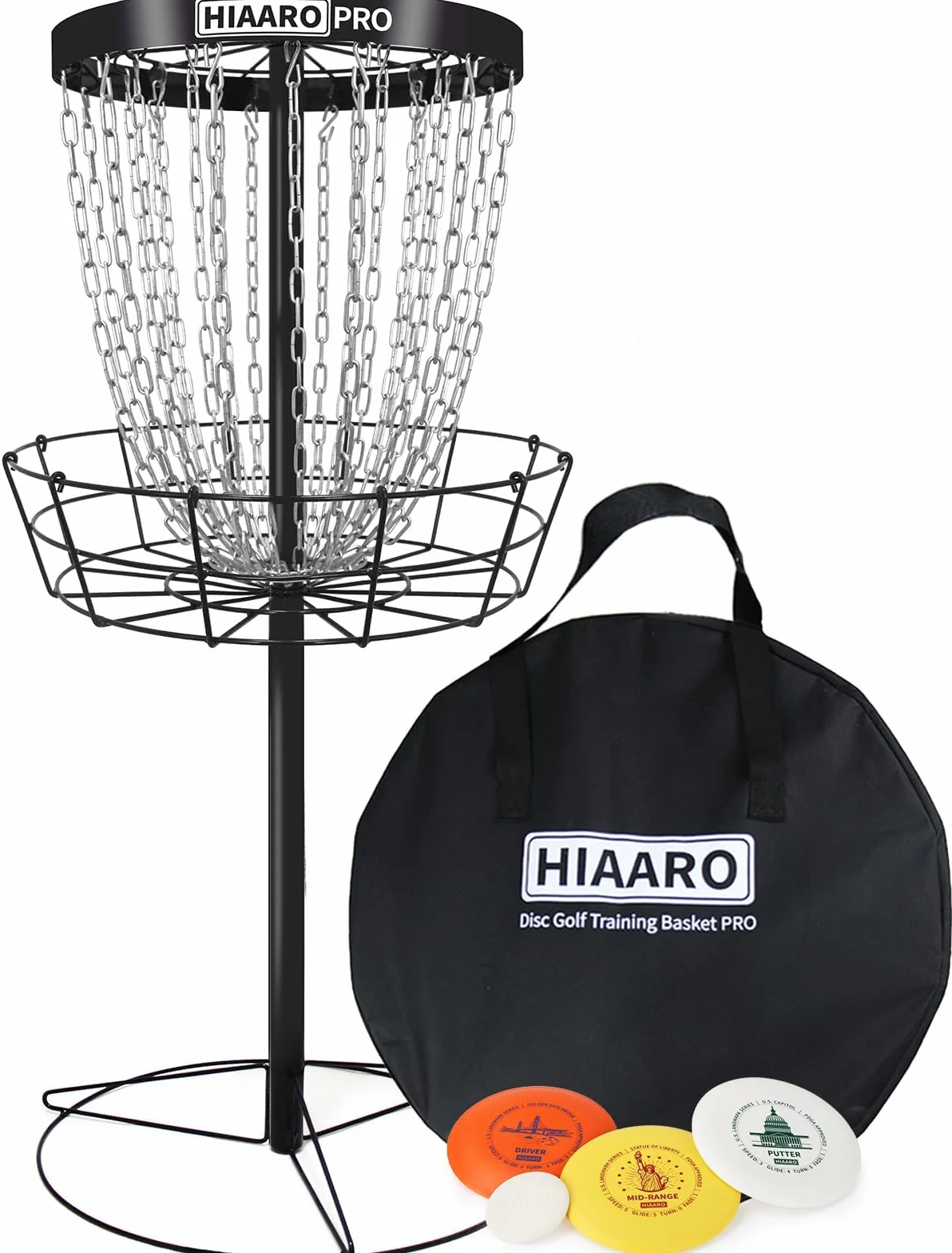 Panier de Disc Golf HIAARO Pro approuvé par la PDGA, Cible de Disc Golf Portable avec 24 chaînes Robustes, Ensemble de Panier Professionnel avec Sac de Transport et 3 disques