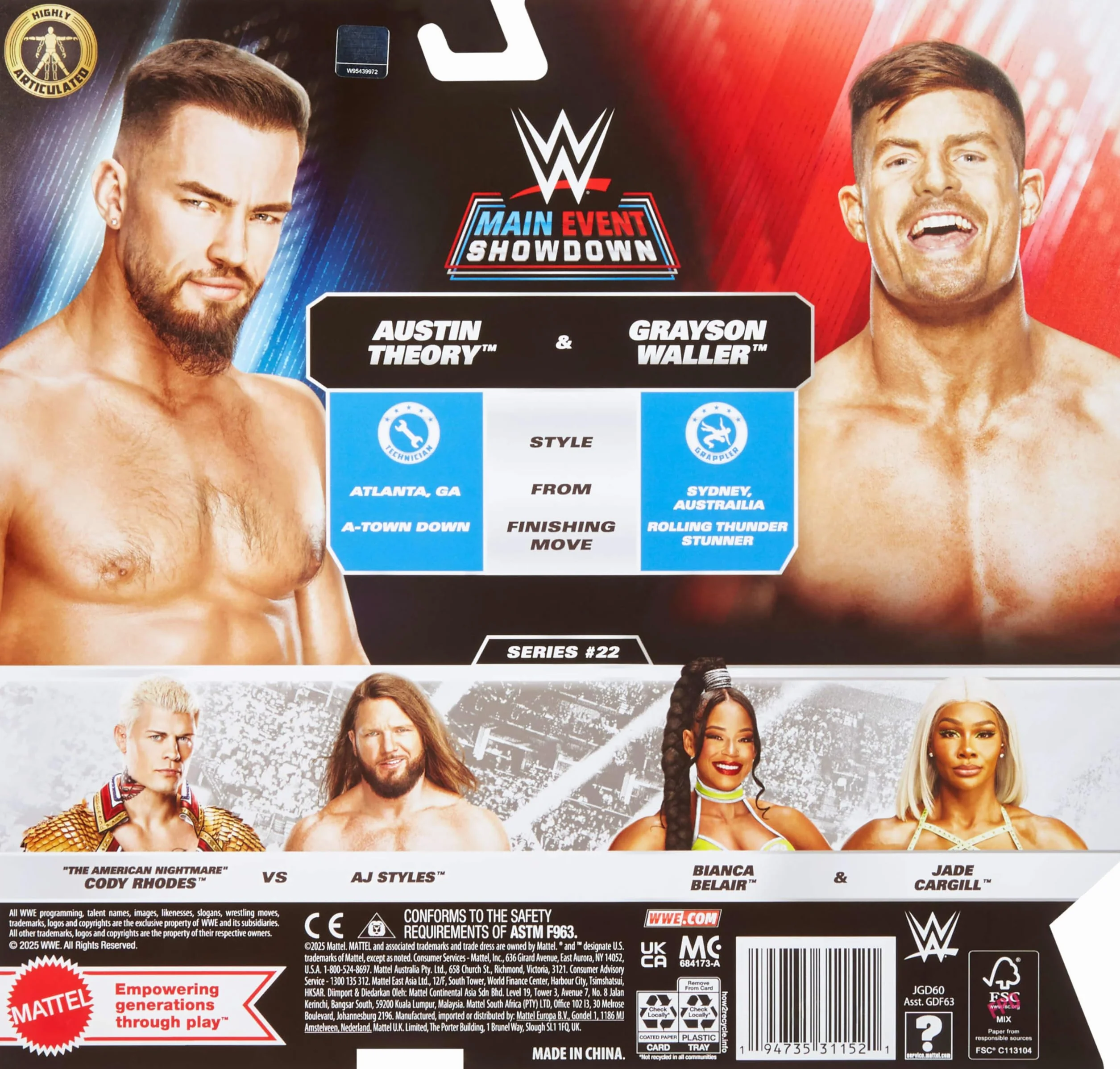 Mattel WWE Main Event Showdown Lot de 2 figurines avec accessoire, série #22 Austin Theory et Grayson Waller à collectionner, 15,2 cm