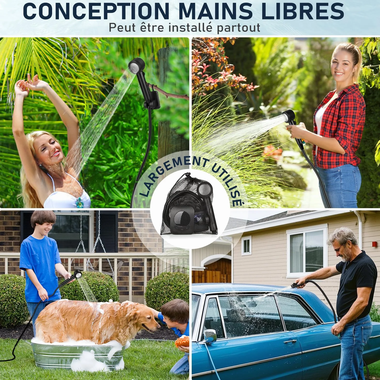 Spopal Douche Camping,Douche Portable,Kit Douche de Camping,Pompe de Douche Électrique Rechargeable,avec Afficheur Intelligent et Pomme de Douche 4 Modes pour Extérieure,Camping,Animaux