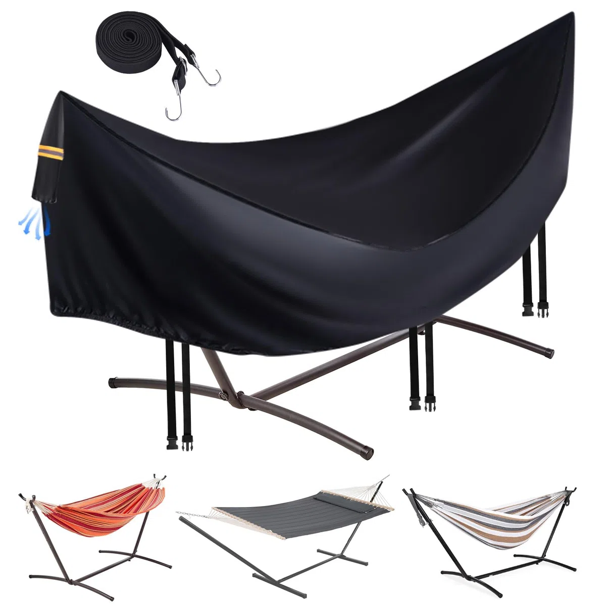 Housse de hamac imperméable et durable 420D pour support de hamac de 3,7 m, coupe-vent, 3 boucles et 1 cordon élastique, aération aérée, poignée réfléchissante, protection contre les intempéries