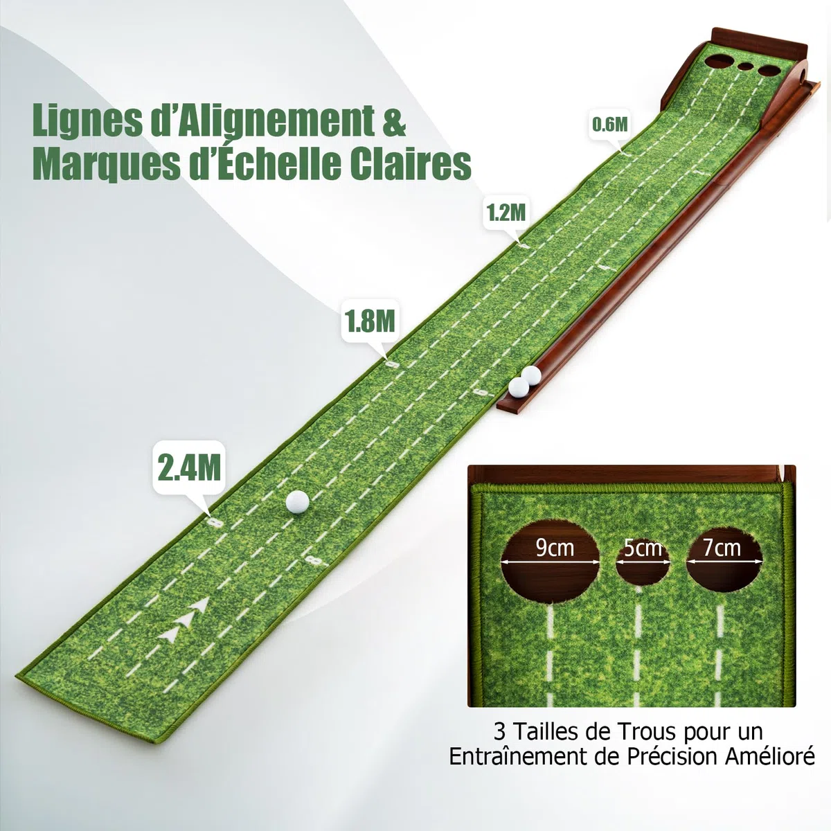 GOPLUS Tapis de Putting de Golf 1/2/3 Trous, Tapis d'Entraînement au Putting avec Retour Automatique de Balle, Guides d'Alignement, 3 Balles de Golf, pour Maison/Bureau