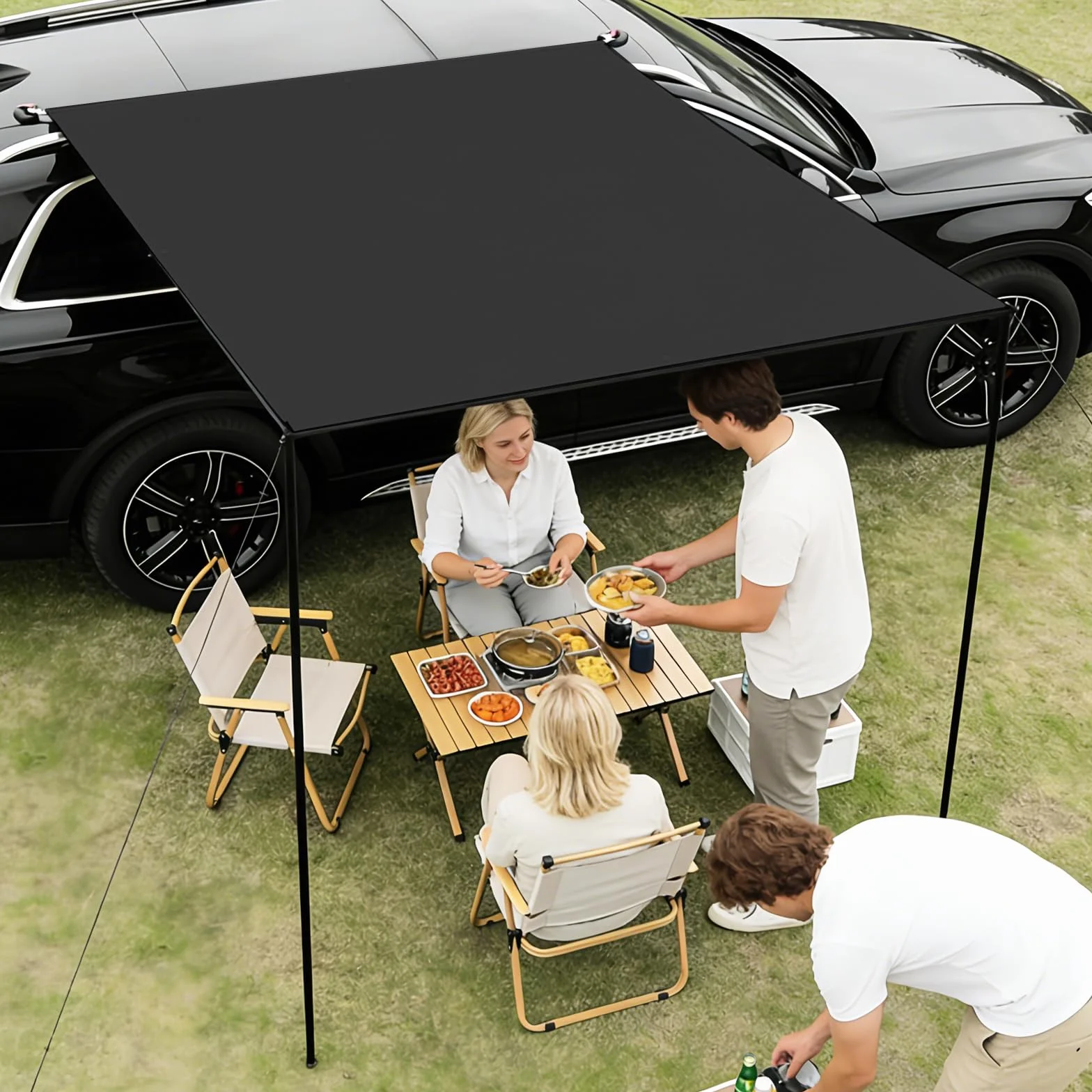 Kit de Auvent Voiture Rétractable, 200x300cm, avec 2 Poteaux, 8 Câbles de Haubanage, 8 Sardines, 2 Ventouses, Sac de Rangement et Sac de Transport, UPF50+, PU3000+, pour Aventures (Noir)