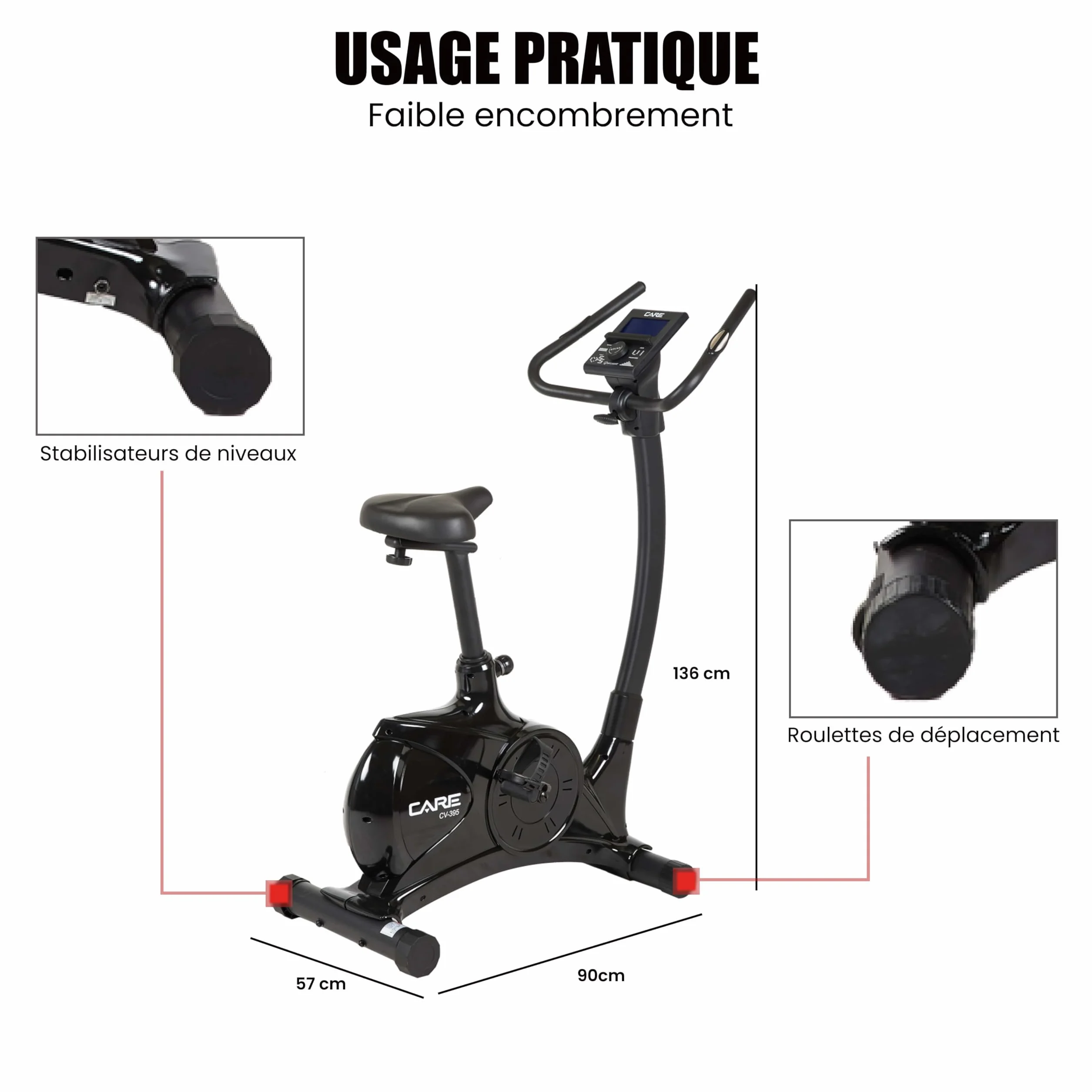 Care Fitness - Vélo d'Appartement Motorisé CV-395 - Vélo Droit 24 Programmes d'Entraînement - Masse d'Inertie 12kg - Résistances Magnétique Motorisée - Connectivité Application Mobile/Kinomap