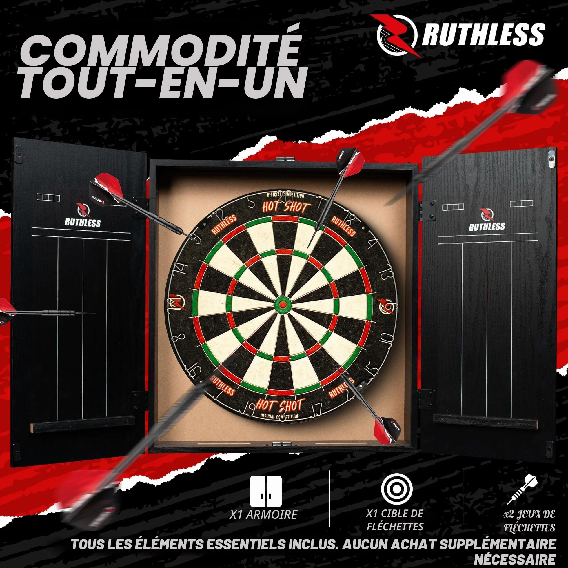 Ruthless Home Darts Centre | Cible de fléchettes avec armoire, cible de fléchettes et 2 jeux de fléchettes