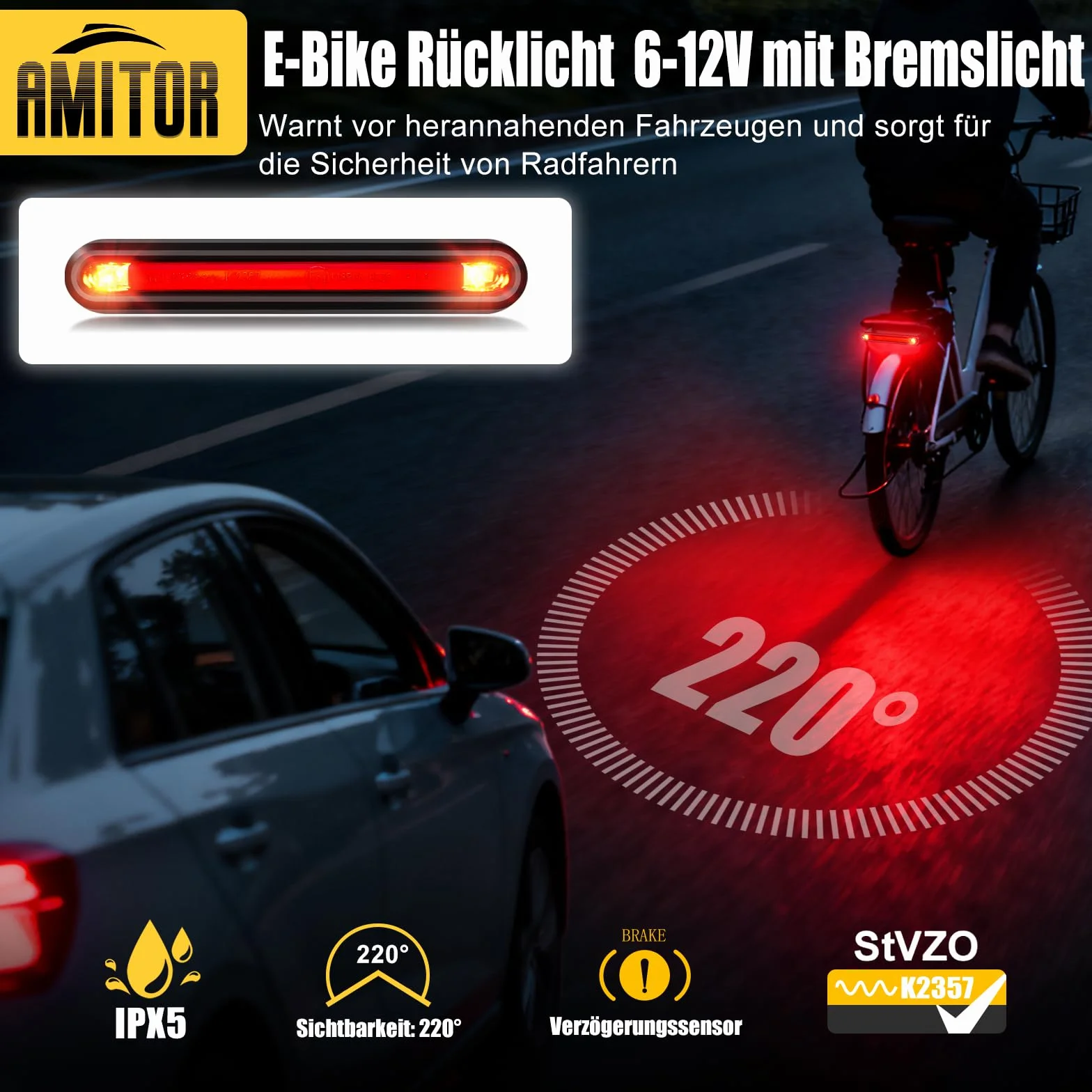 Ebike Feu arrière LED 6-12 V avec feu de freinage, homologué StVZO pour vélo électrique, étanche IPX5, avec câble, sûr et fiable