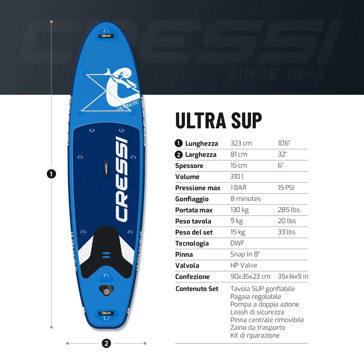CRESSI Depuis 1946 - Ultra Isup/Kayak Set - Planche de Sup Gonflable pour Adultes, Stable et Résistante Accessoires Tous Inclus Pagaie Aileron Pompe Leash Sac Transport_320x81x15 cm Max 130 kg