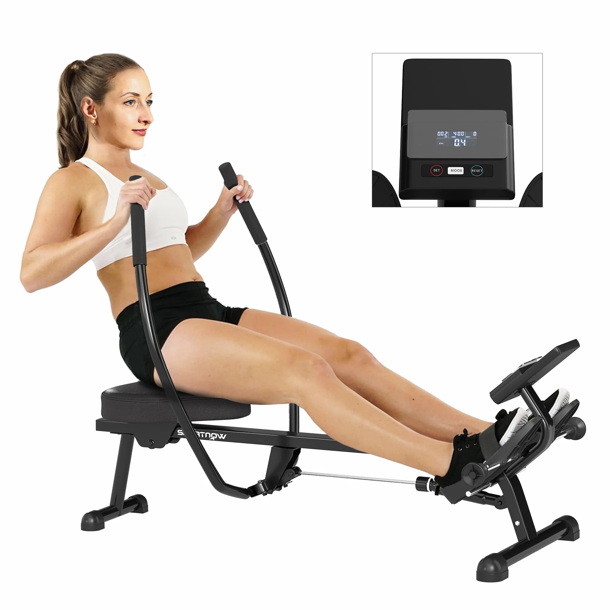 SPORTNOW Rameur hydraulique à résistance 12 Niveaux, Appareil de Musculation avec écran LCD et pédale antidérapante, capacité Max 130 kg, Cardio à Domicile, Noir