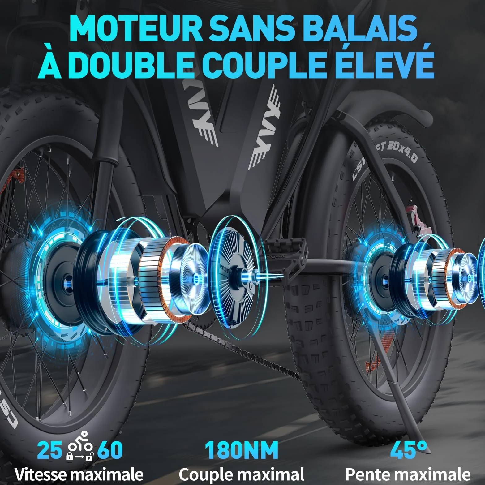 YVY Vélo Électrique, Batterie Amovible 20/40Ah, Autonomie 120km/150km/300km, Fat Bike Électrique, VTT Électrique 7 Vitesses, E-Bike Double Suspension, Double Disque, Écran LCD