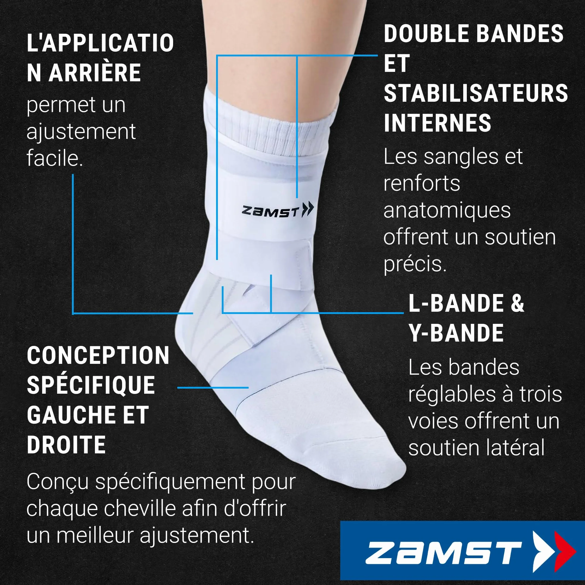 Zamst A1 Chevillère Blanche de Sport Support Respirant pour Hommes et Femmes avec Sangles Ajustables à Trois Bandes Pied Droit Taille M