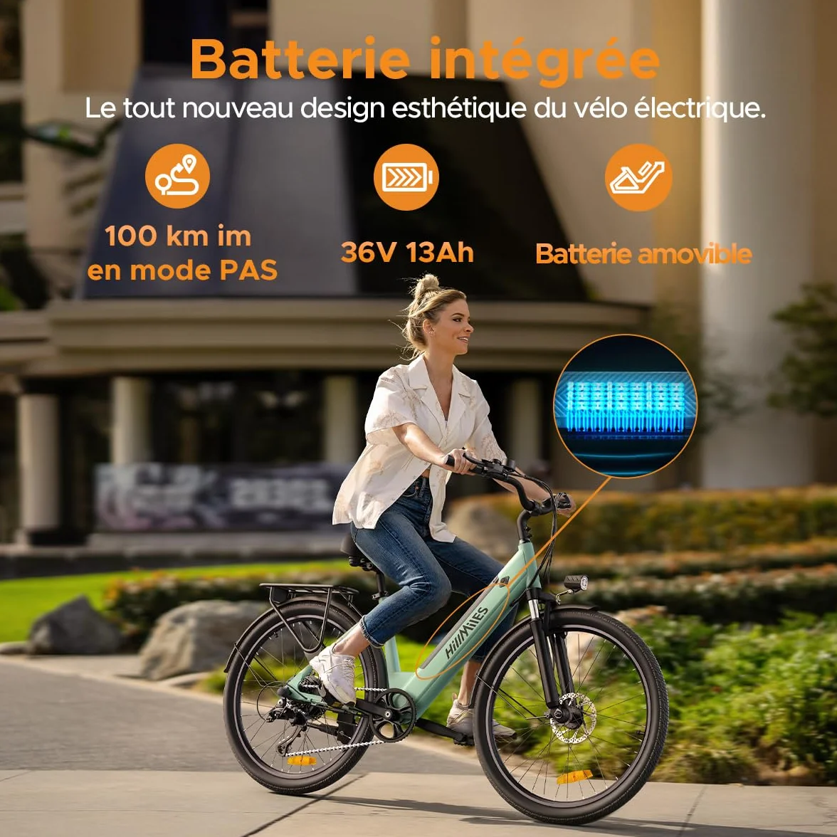 HillMiles Vélo Électrique Adulte 26", Batterie 36V 13Ah Amovible, Autonomie 100 km, 25 km/h, 7 Vitesses, 5 Niveaux Assistance, Suspension Avant, Étanche IP65,VTC