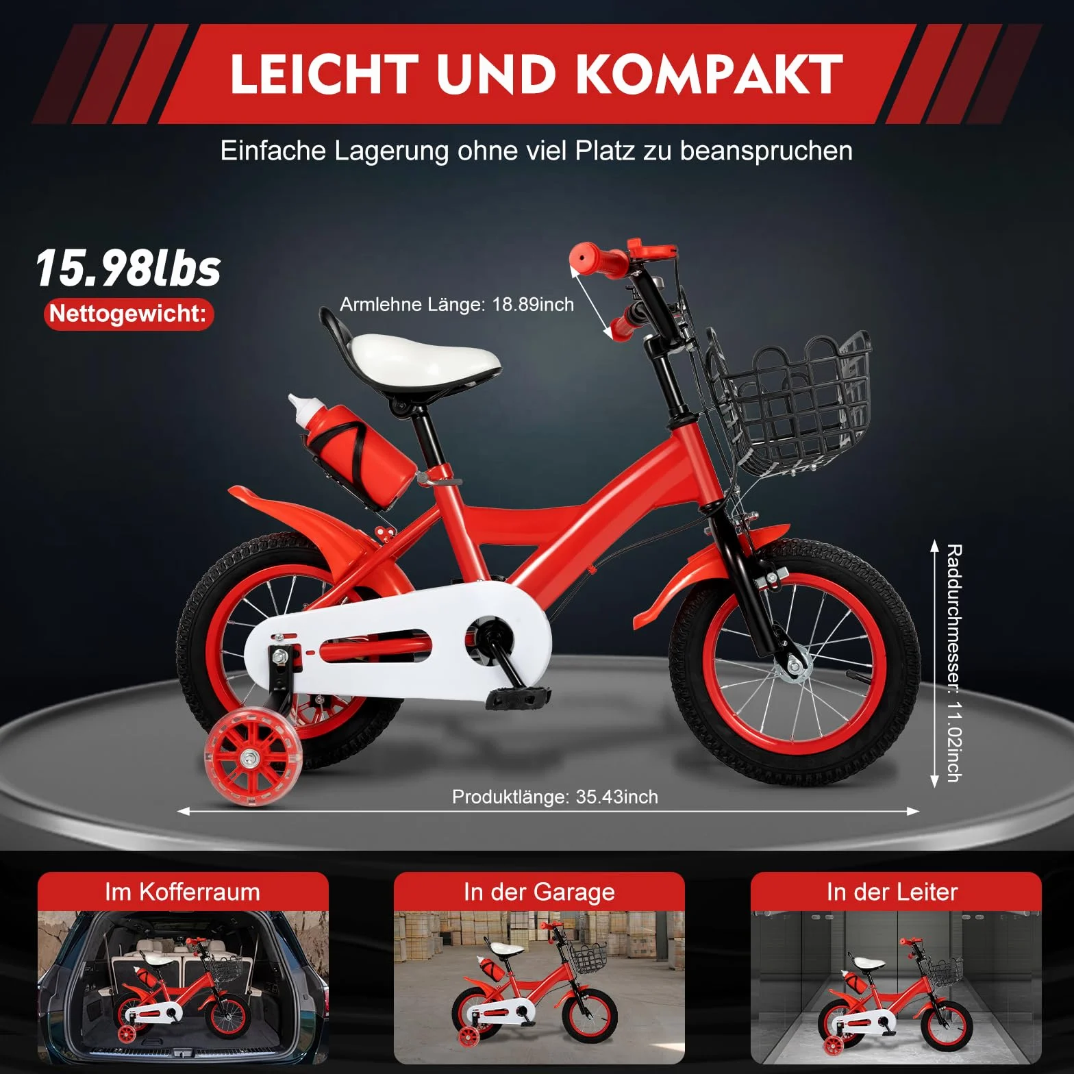 Vélo enfant 12 pouces avec roues stabilisatrices Rouge/jaune/bleu