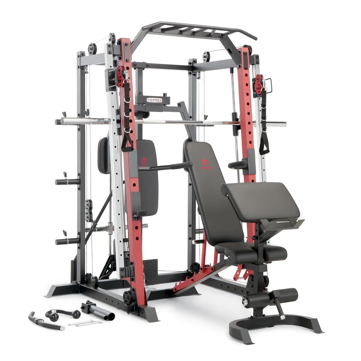 MARCY Smith Machine Cage de musculation multifonction pour entraînement à domicile avec barre de traction autoportante et station de rotation