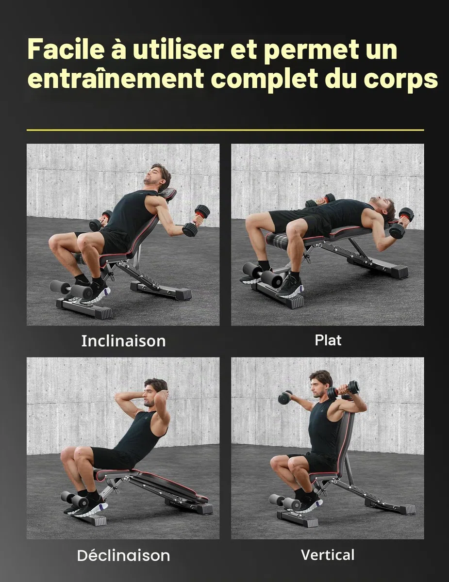 YOLEO Banc de musculation pliable multifonction avec supports pour la maison, banc de musculation réglable avec plateau, banc de musculation avec poids et curl des jambes