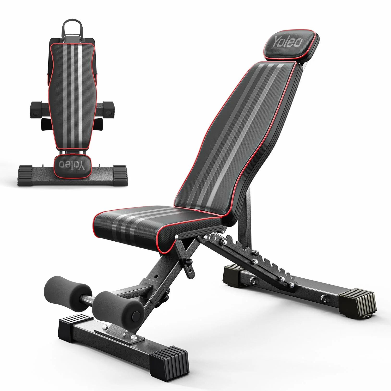 YOLEO Banc de musculation pliable multifonction avec supports pour la maison, banc de musculation réglable avec plateau, banc de musculation avec poids et curl des jambes