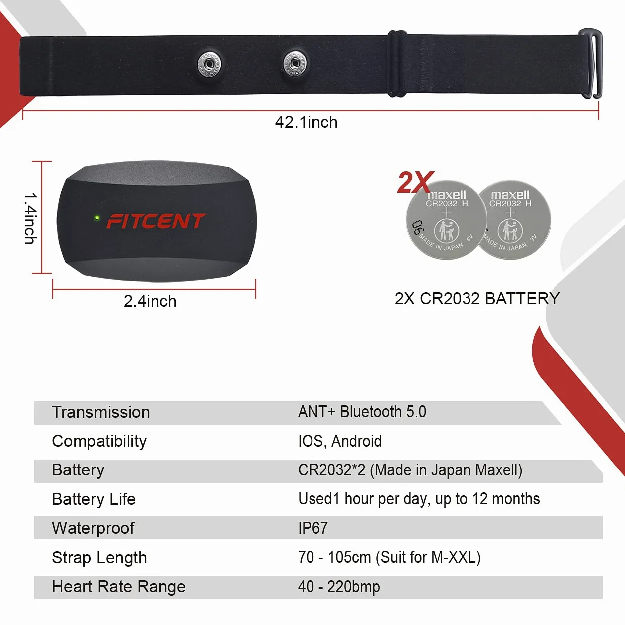 FITCENT Moniteur de Fréquence Cardiaque Bluetooth Ant+, Ceinture Cardiofréquencemètre Waterproof avec Ceinture Pectoral Compatible avec Garmin Wahoo Polar