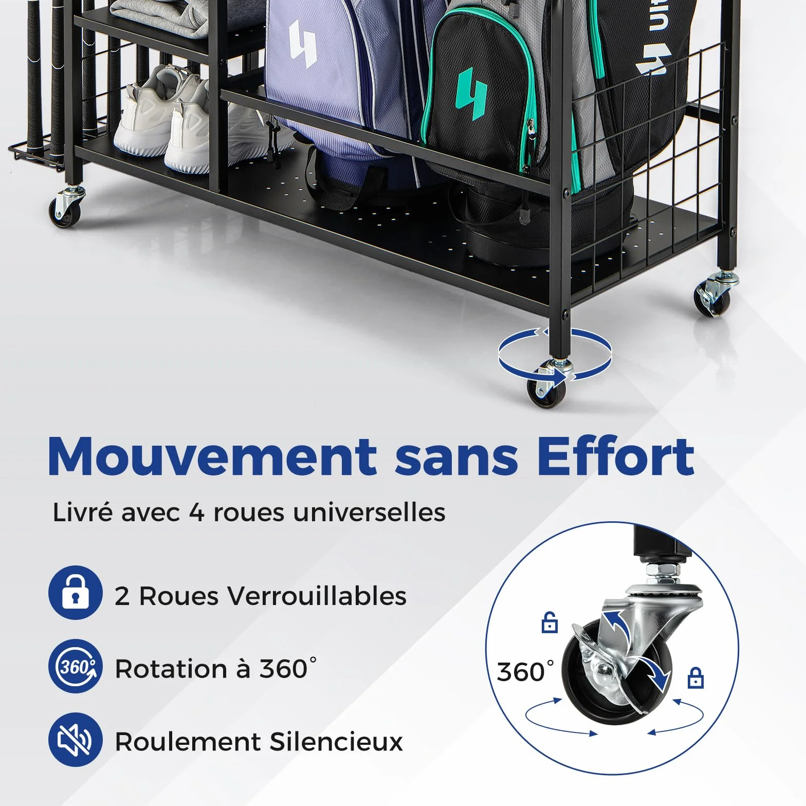COSTWAY Organisateur d'Équipement Sportif avec Roues Amovibles, Support de Rangement pour 2 Sacs de Golf avec Support pour Clubs de Golf 6 Crochets, pour Garage Club sous-Sol
