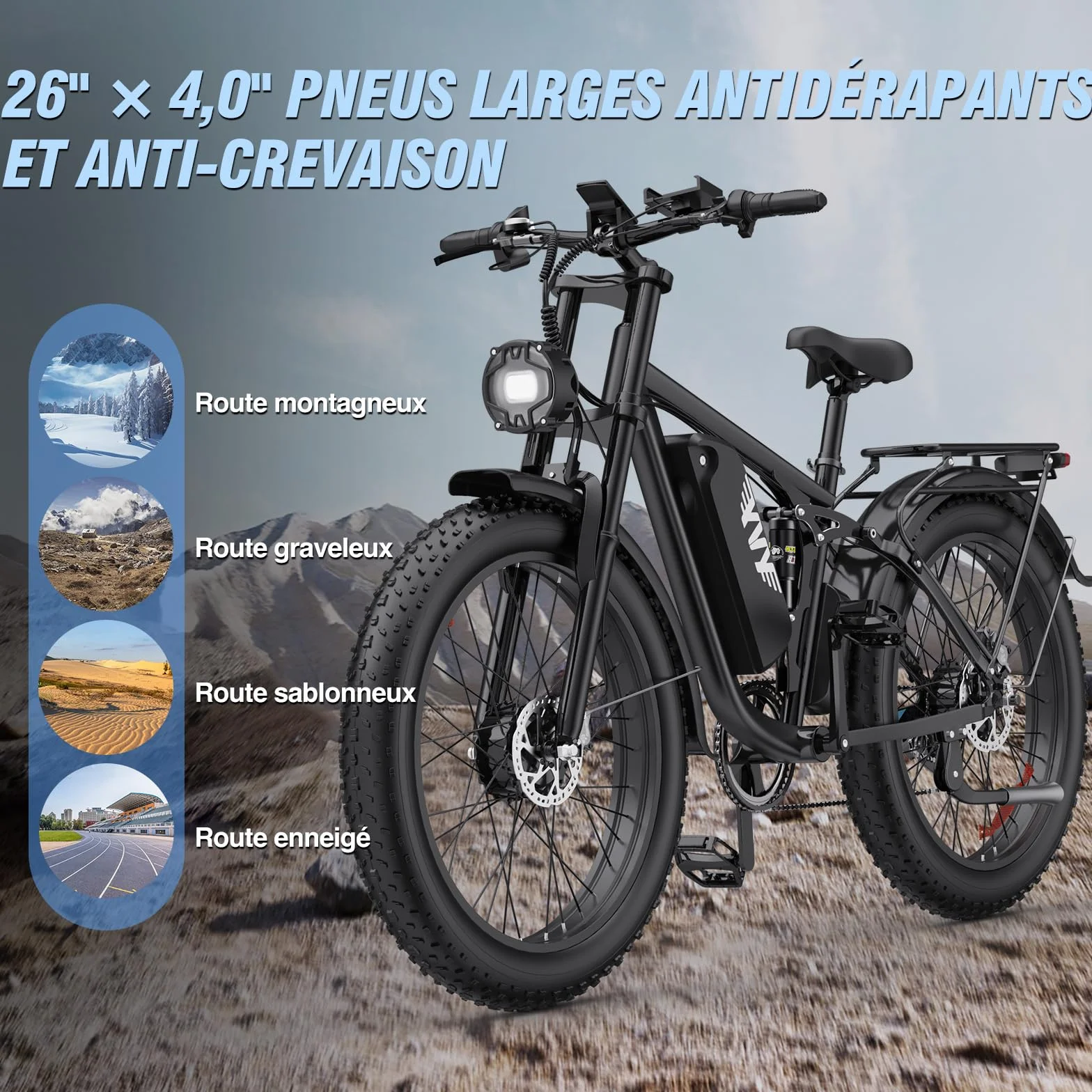 YVY C26 Pro Vélo Électrique, Autonomie 120km, Batterie Amovible 48V 23Ah, Double Moteur 180Nm, Fat Bike Électrique, VTT Électrique 7 Vitesses, E-Bike Double Suspension, Double Disque, Écran LCD