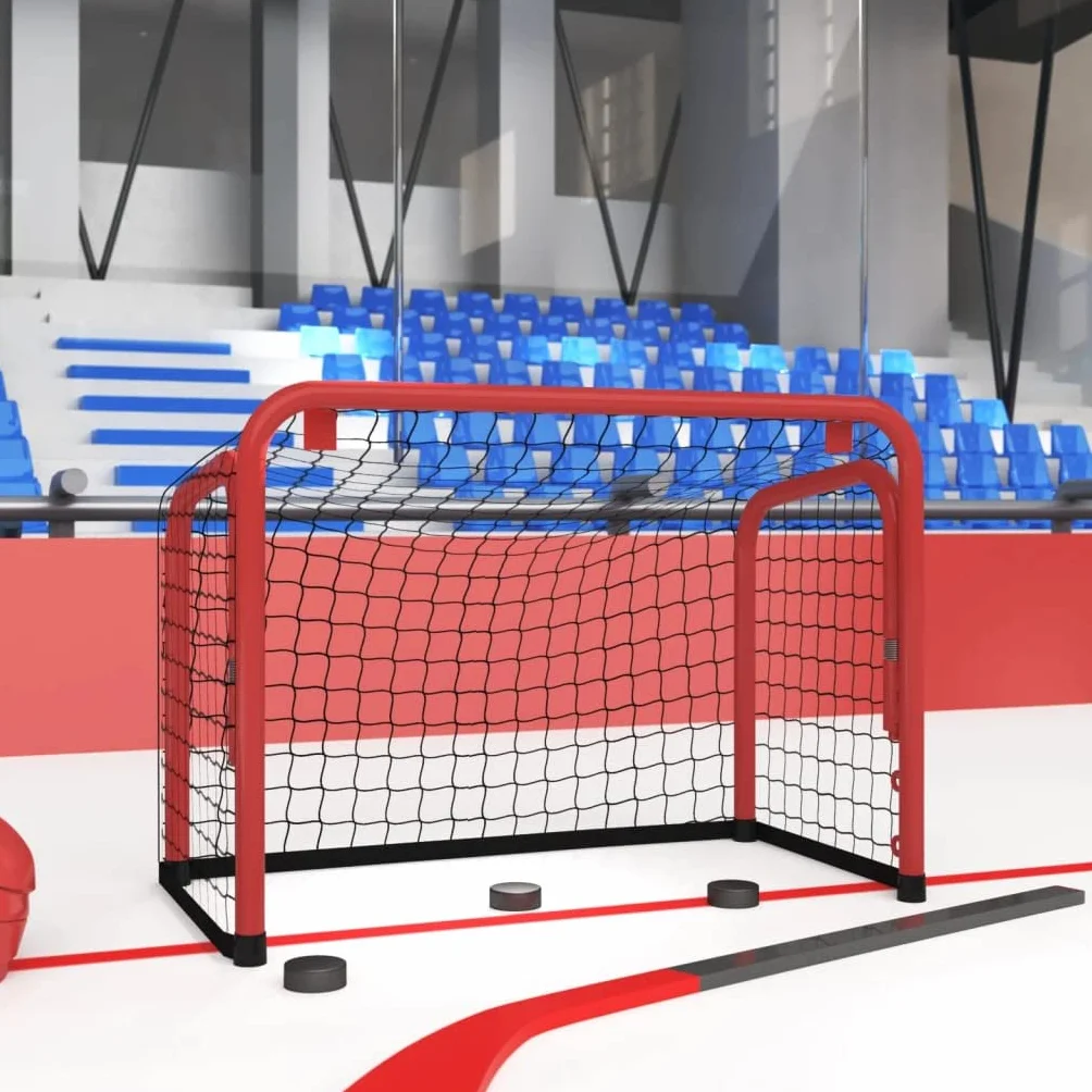 vidaXL But de hockey sur glace avec filet, filet d'entraînement de hockey pour adultes et enfants, filet d'entraînement de hockey pour cour, pelouse, acier et polyester - Rouge et noir