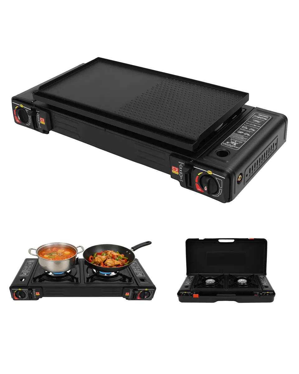Rechaud Gaz 2 Feux, 2,5 kW Rechaud Camping Gaz Avec bac à barbecue et Mallette de Transport, Pour Butane/GPL, Allumage piézoélectrique, Pour Les Voyages le Trekking et la Cuisine