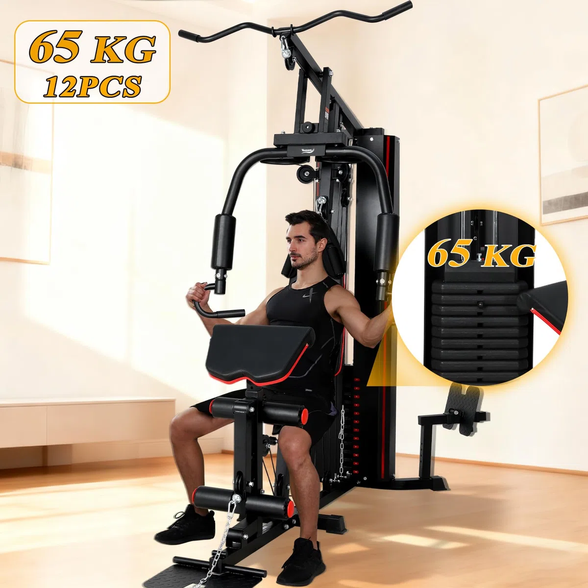 Station de Musculation Multifonction, Banc de Musculation Complet, Barre de Traction Cage Station Machine Musculation avec Poids, Fitness Domicile Home Gym Bras/Épaules/Poitrine/Dos/Jambe