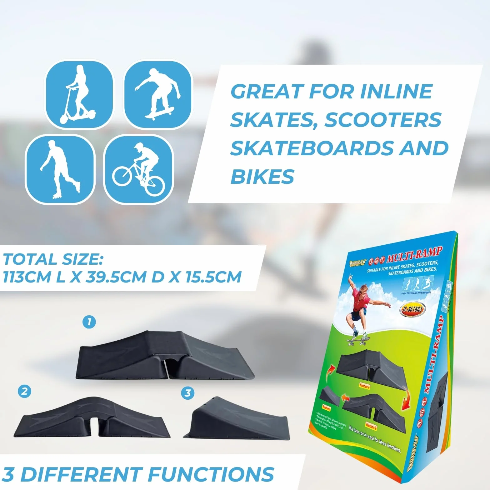 Outdoor Play | Rampe de patinage avec trois fonctions | Rampe de skate pour skateboard, roller, patins à roulettes, vélo, voitures radiocommandées, vélos BMX, patins. Ne convient pas aux trottinettes