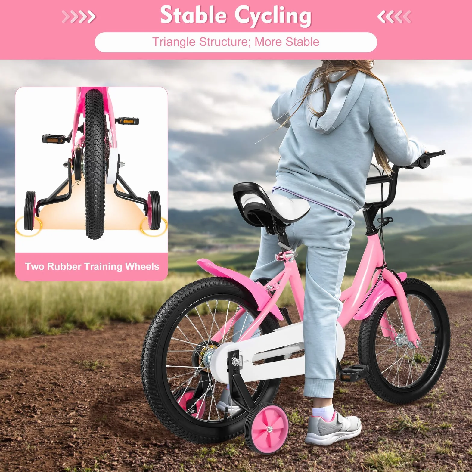 Vélo pour enfant 16 pouces roues stabilisatrices freins doubles - Vélo léger fille garçon - Rose