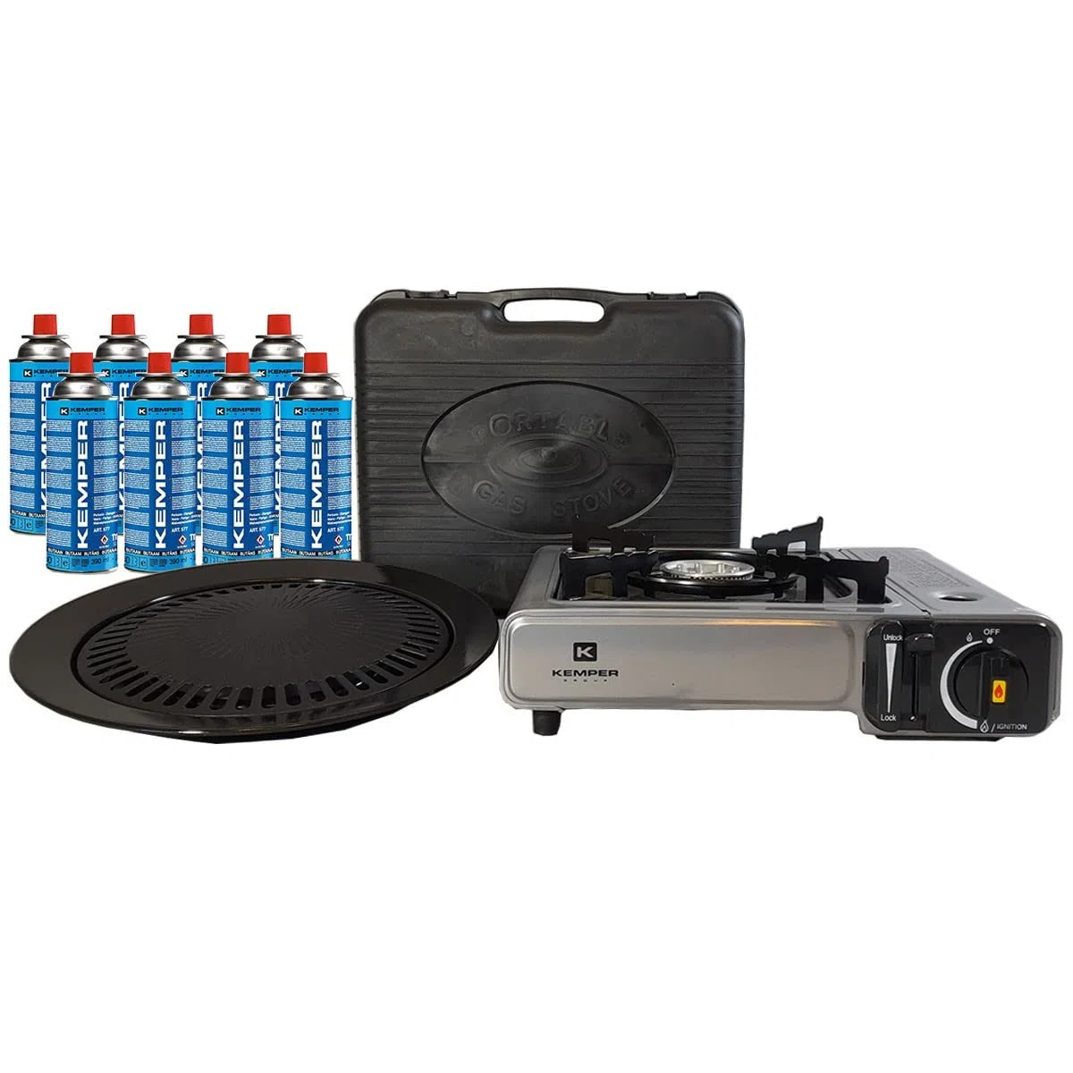 KEMPER - Barbecue Grill 2 en 1 Réchaud gaz piézo 2200 W + Plaque Grill + 8 Cartouches gaz Butane Camping