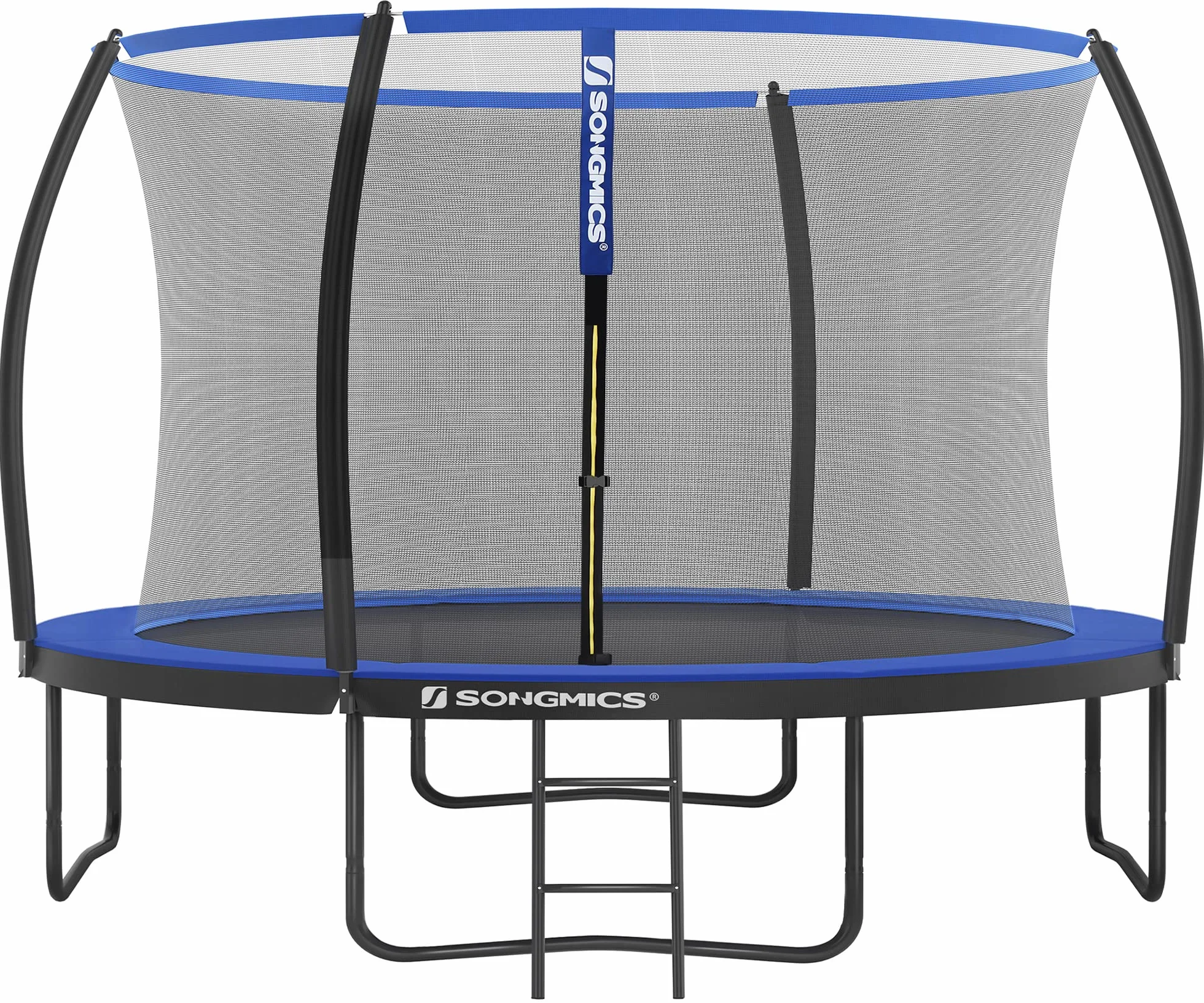 SONGMICS Trampoline Extérieur Enfant Diamètre 244/305/366/427 cm, Filet de Protection, Poteau Incurvé de 180 cm de Haut, Coussins de Sécurité, Échelle, Cadre en Acier