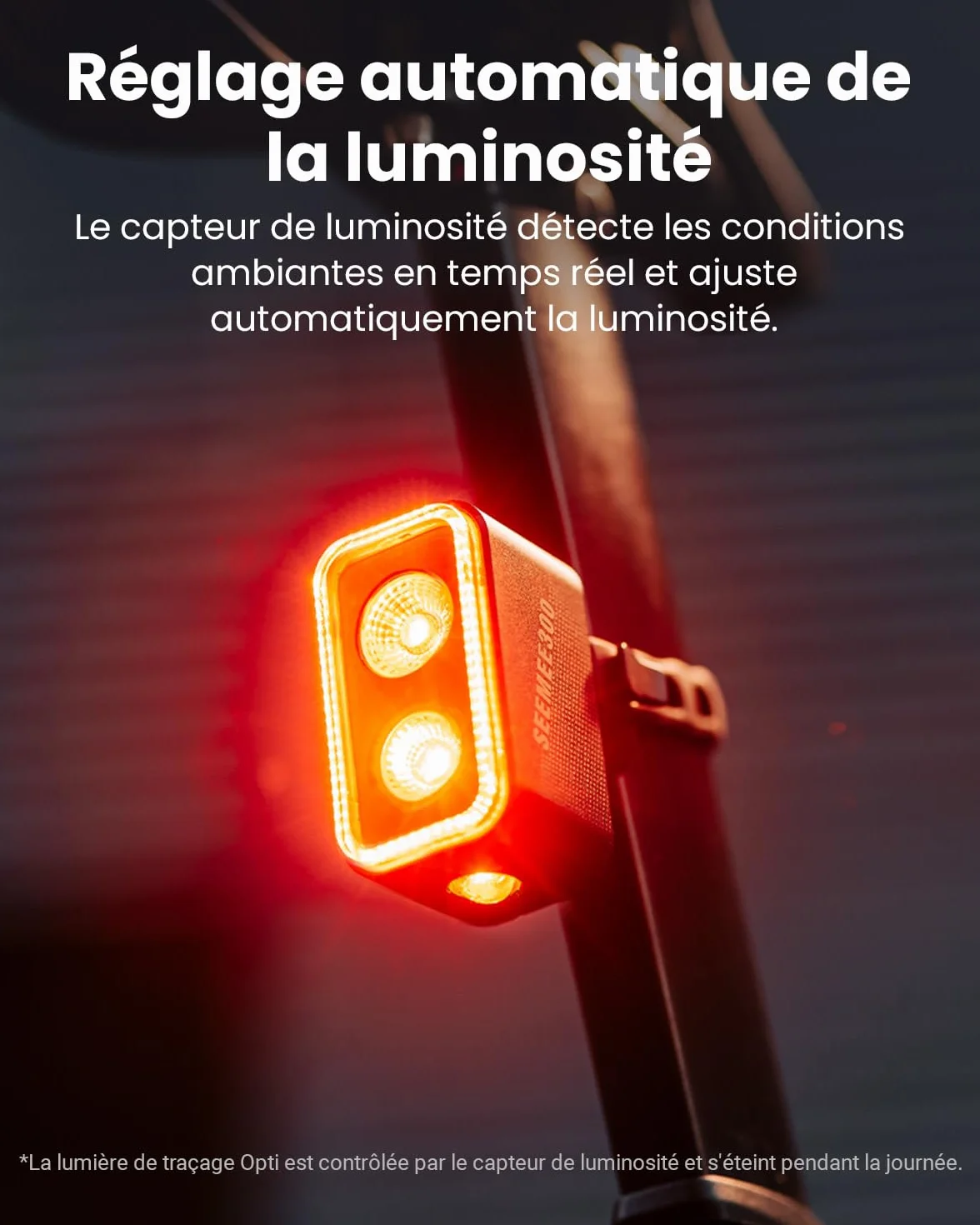 Feu arrière de vélo SEEMEE 300, 300 lumens, 5 Modes Nuit et Jour, capteur de freinage Intelligent, étanche IPX6, Rechargeable par USB-C, pour la Conduite de Nuit