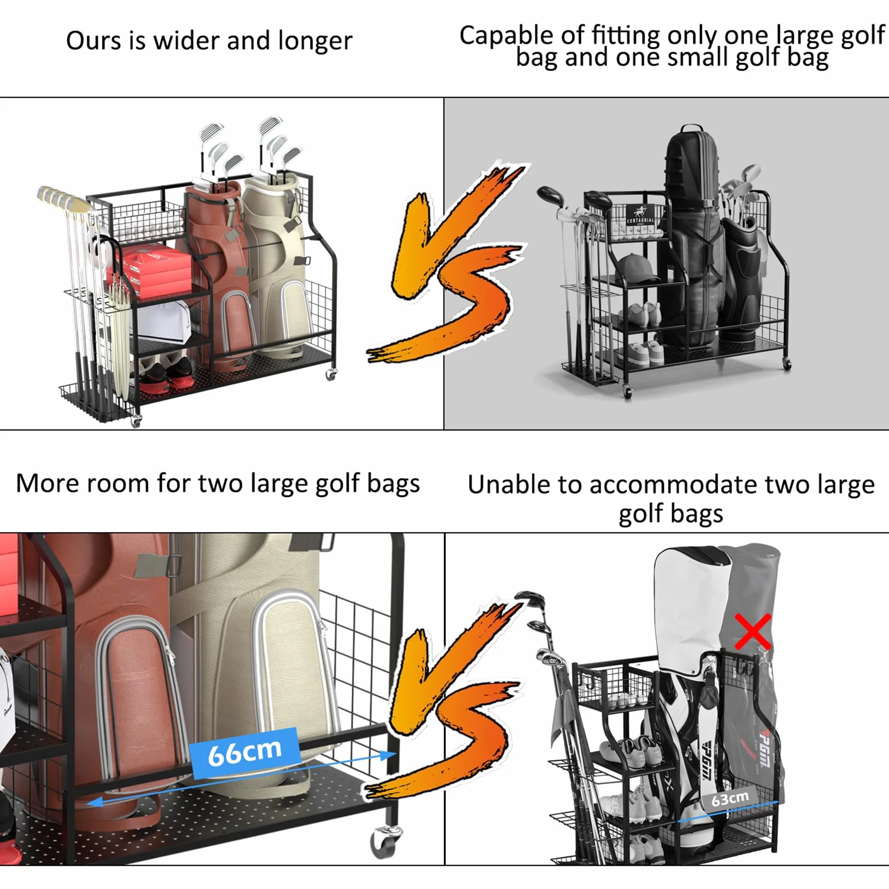 Sac de rangement pour sac de golf, support de rangement pour club de golf, organiseur de sac, pour garage, équipement de sport, convient pour 2 sacs, rangement de jouets d'extérieur (avec poches