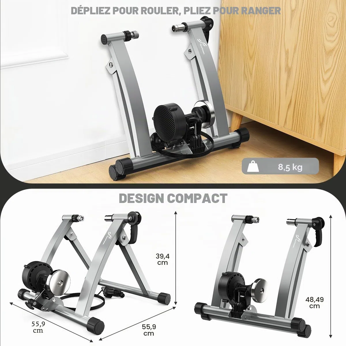 Entraîneur de vélo, Sportneer Home Trainer Bicyclette, freinage magnétique, 6 Réglages de Résistance avec Roue de réduction du Bruit, poignée à dégagement Rapide