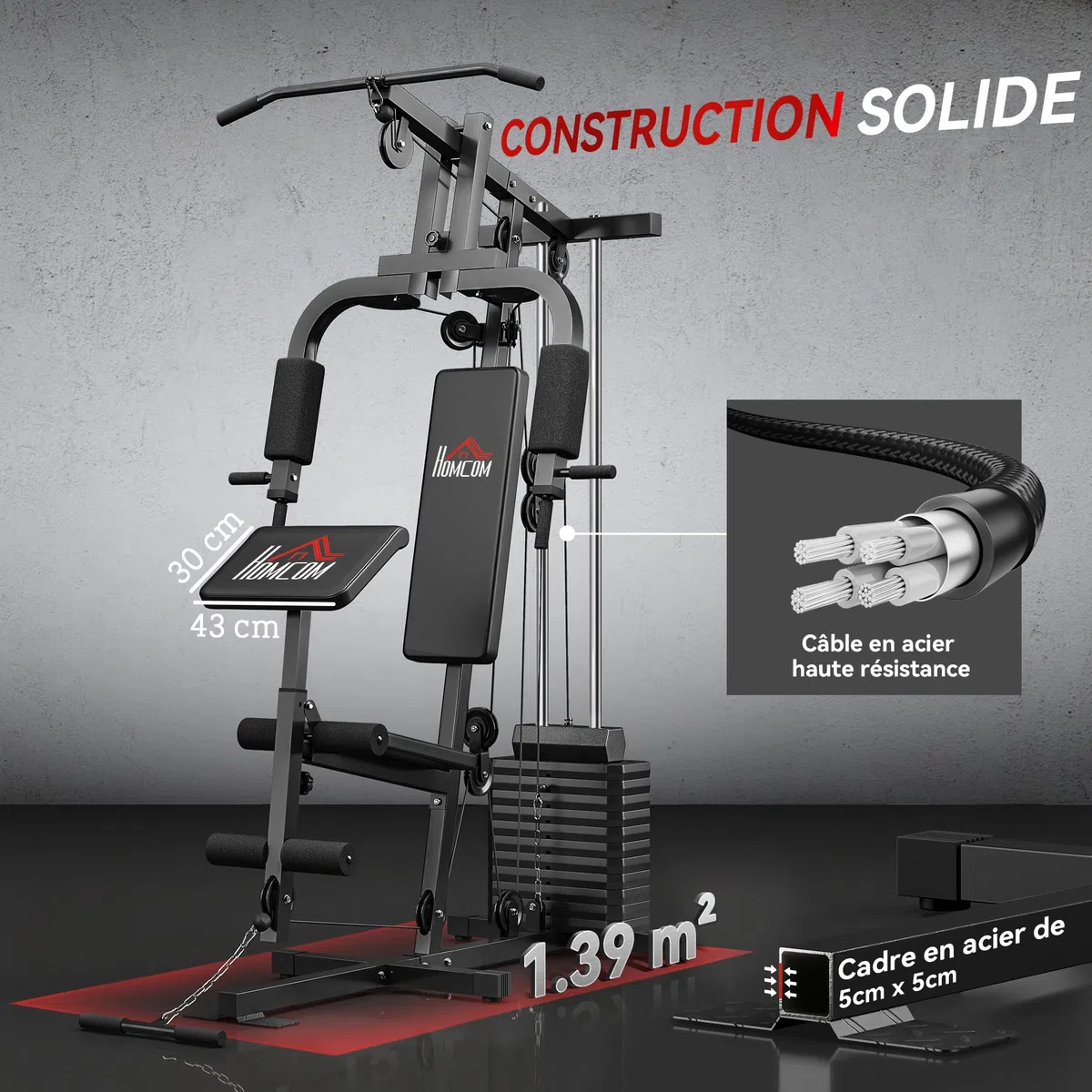 HOMCOM Station de Musculation Multifonction avec Stack de 65 kg, Double Poulie, Station de Développé Couché, Butterfly, Plateforme à Biceps & Développeur de Jambes, Noir