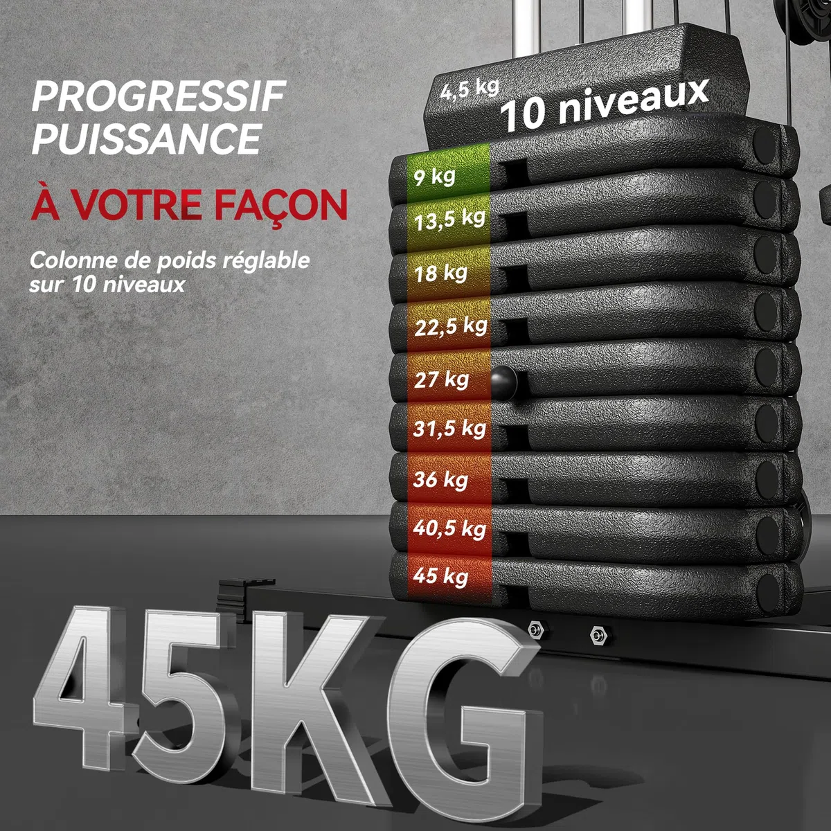 HOMCOM Station de Musculation Fitness Machine de Musculation avec 9 Blocs de Poids de 5 kg, 45kg au Total, entraînement Complet - 200 x 135 x 103 cm