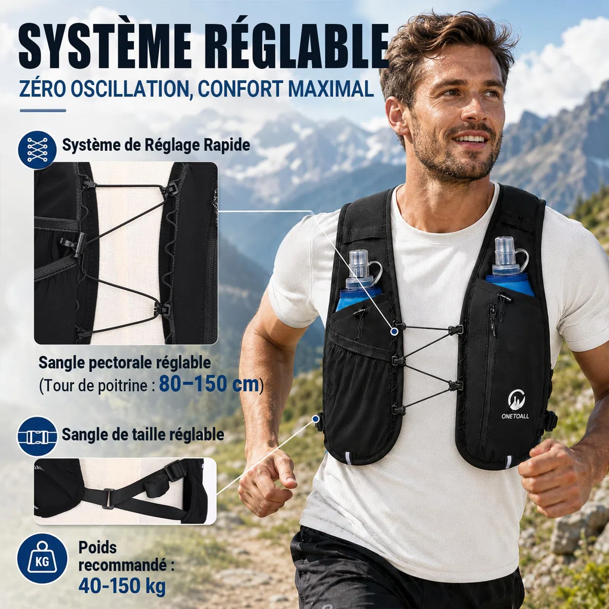 Gilet Hydratation Running Femme - 2 Gourdes Souples 500ml + Lumière LED, Sac de Course à Pied Léger pour Homme, Marathon, Trail, Randonnée