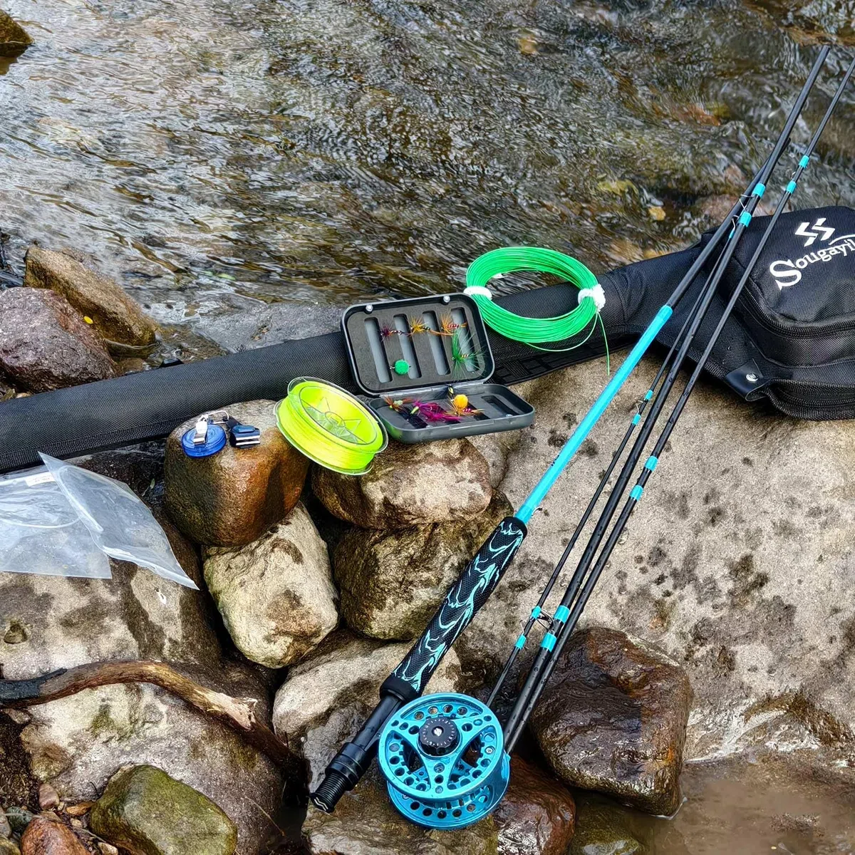 Sougayilang Kit de démarrage standard pour pêche à la mouche - 5/6" - Poids : 22,9 cm - Avec poignée Superpolymère - Accessoires - Moulinet CNC - Sac de transport