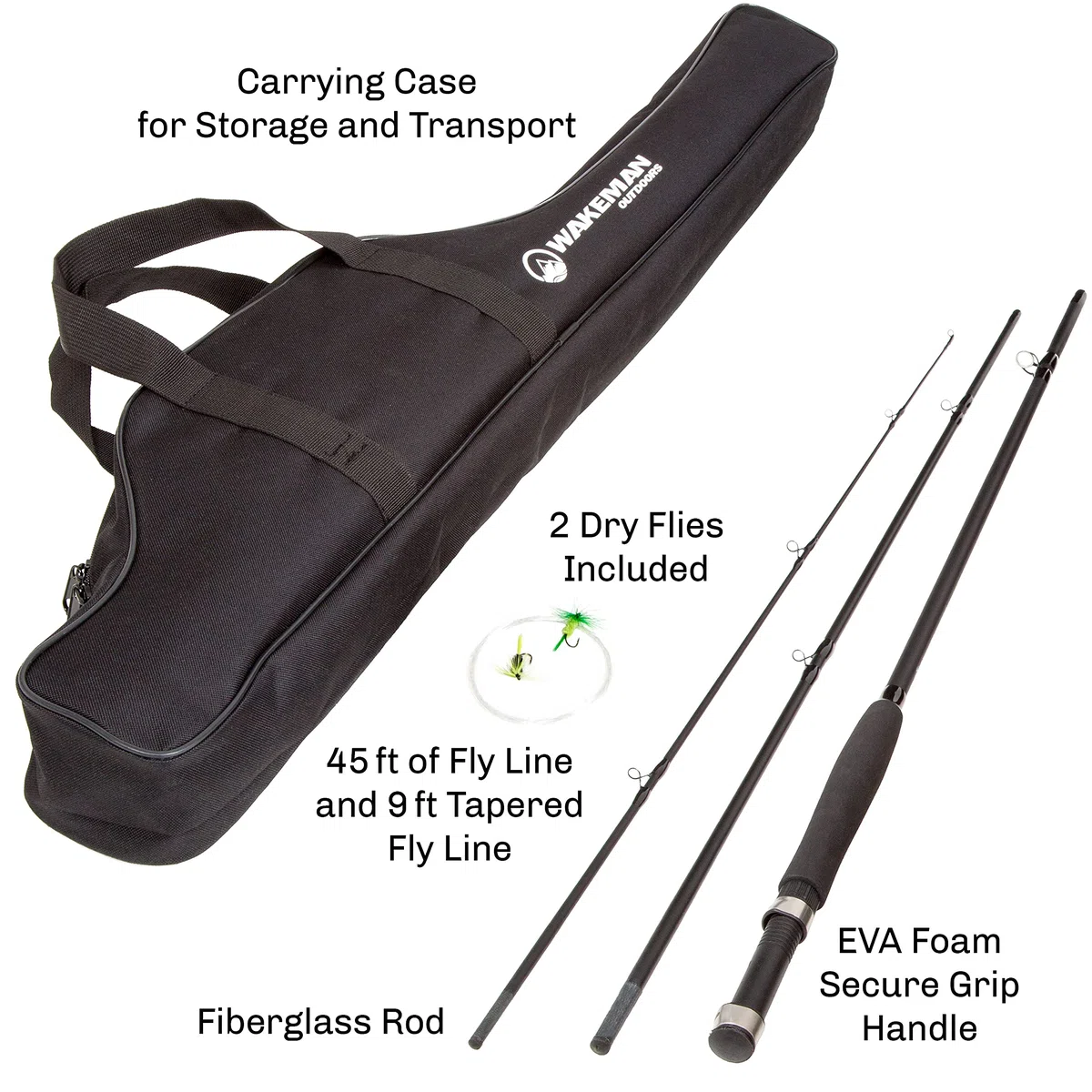 Wakeman Fly Fishing Rod and Reel Combo Starter Kit Ensemble Canne Moulinet avec étui de Transport, Mouches et Ligne de pêche Noir Adulte Unisexe, 35"