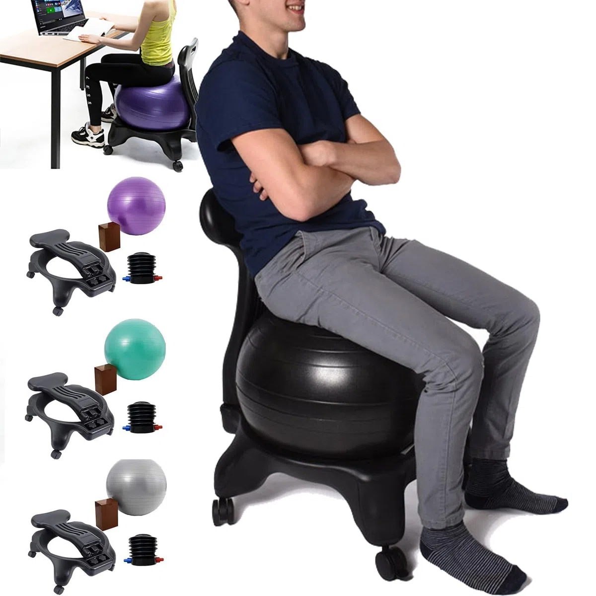 Chaise de Ballon de Fitness, Chaise de Bureau de Yoga avec Rouleaux/Support Dorsal, Ergonomique, pour Adultes/Femmes Enceintes