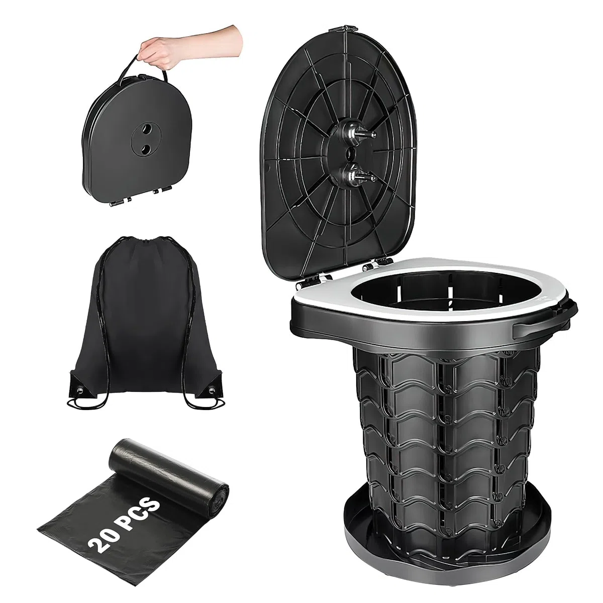 Toilette de Camping Portable Pliable pour Adultes et Enfants, WC Voyage Ajustable en Hauteur avec 20 Sacs et Sac de Transport, Seau de Toilette Compact pour Randonnée, Voiture, Pêche, Camping-car