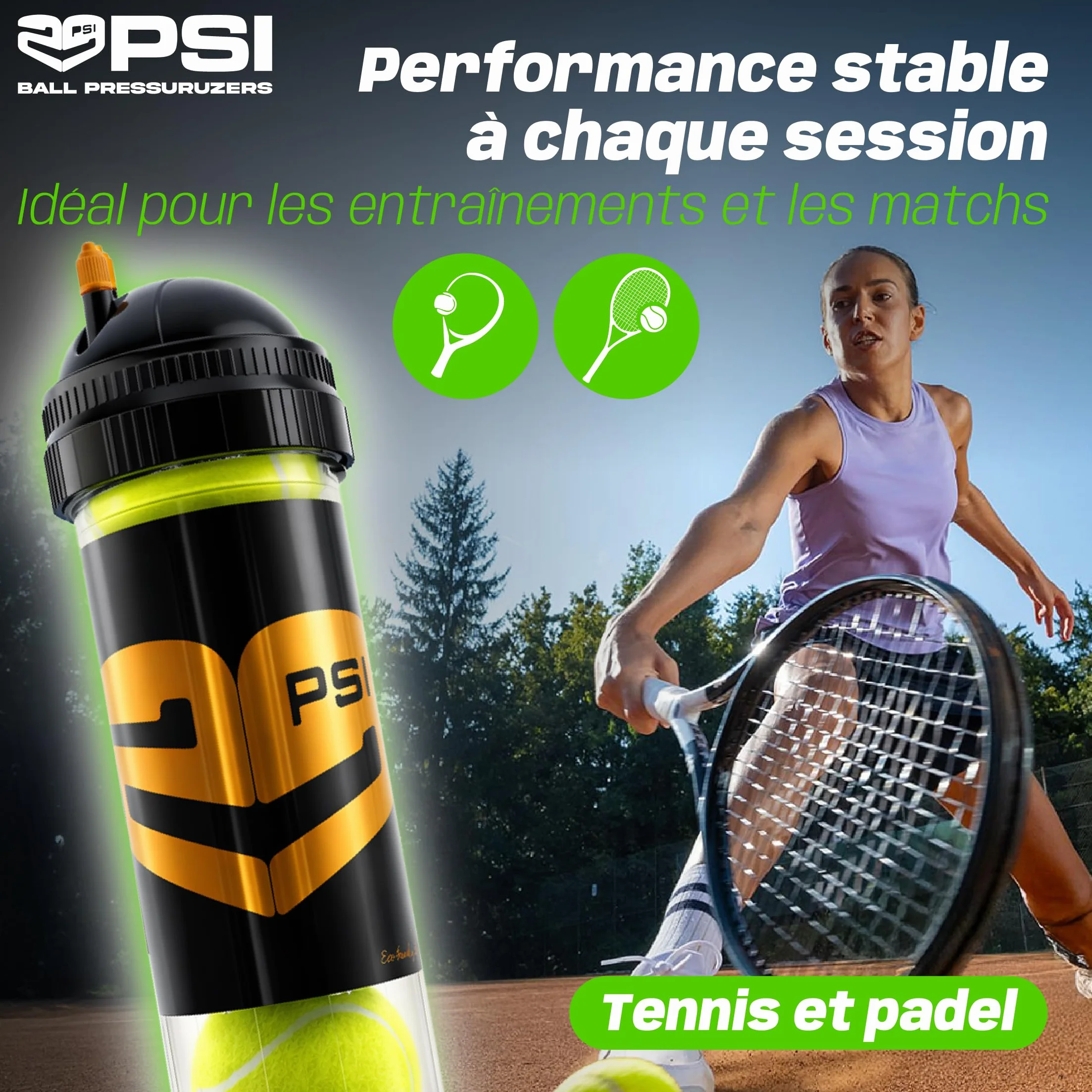 TUBOPLUS 29PSI Pressurisateur de balles de padel et de tennis Maintient la pression et le rebond Pot hermétique pour prolonger la durée de vie des balles