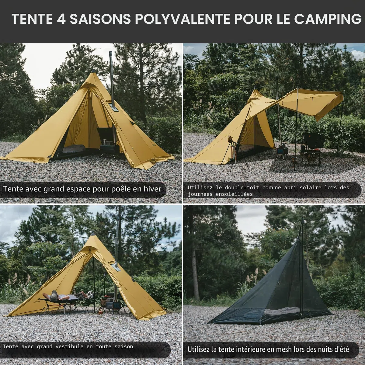 Naturehike Ranch Fire Thermotente 2-4 Personnes Pyramide 4 Saisons Tente Tipi avec Connexion pour Poêle Imperméable Anti-Vent Tente de Camping d'Hiver pour les Voyages d'Hiver et le Chauffage