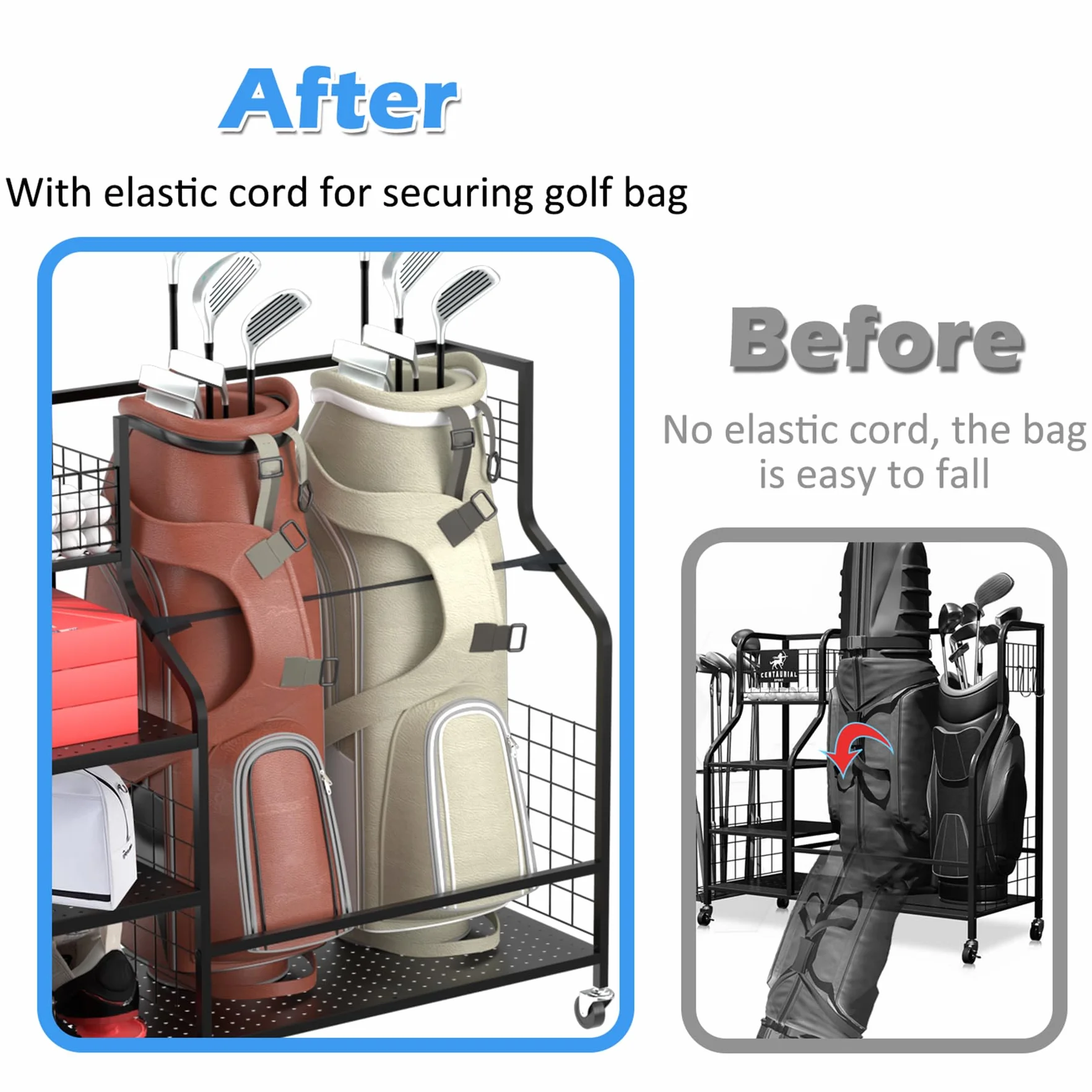 Sac de rangement pour sac de golf, support de rangement pour club de golf, organiseur de sac, pour garage, équipement de sport, convient pour 2 sacs, rangement de jouets d'extérieur (avec poches