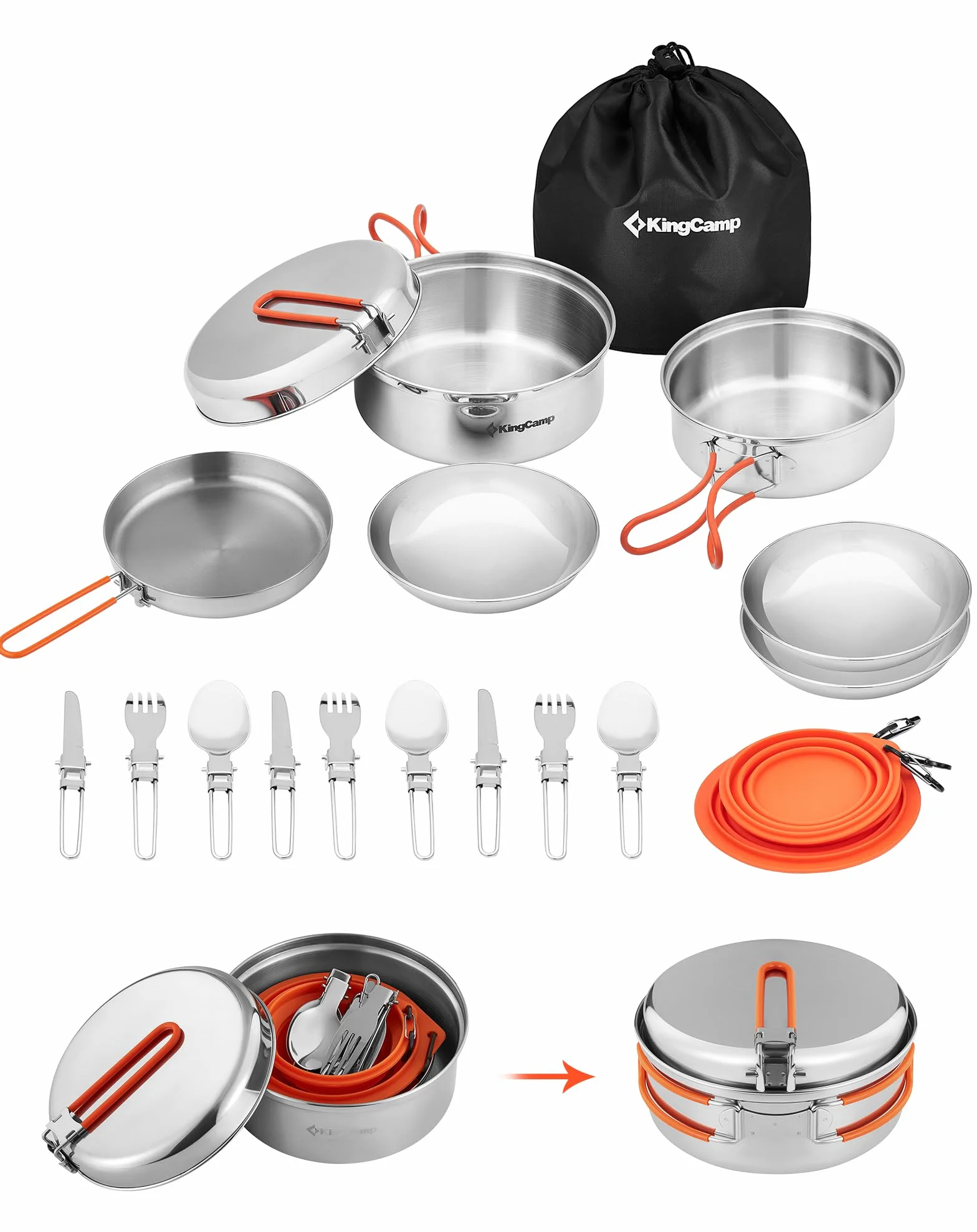 KingCamp Set de Cuisine de Camping, ustensiles de Camping ultralégers en INOX, Vaisselle Pliante pour Le Camping, idéale pour la randonnée, Les Pique-niques et la pêche