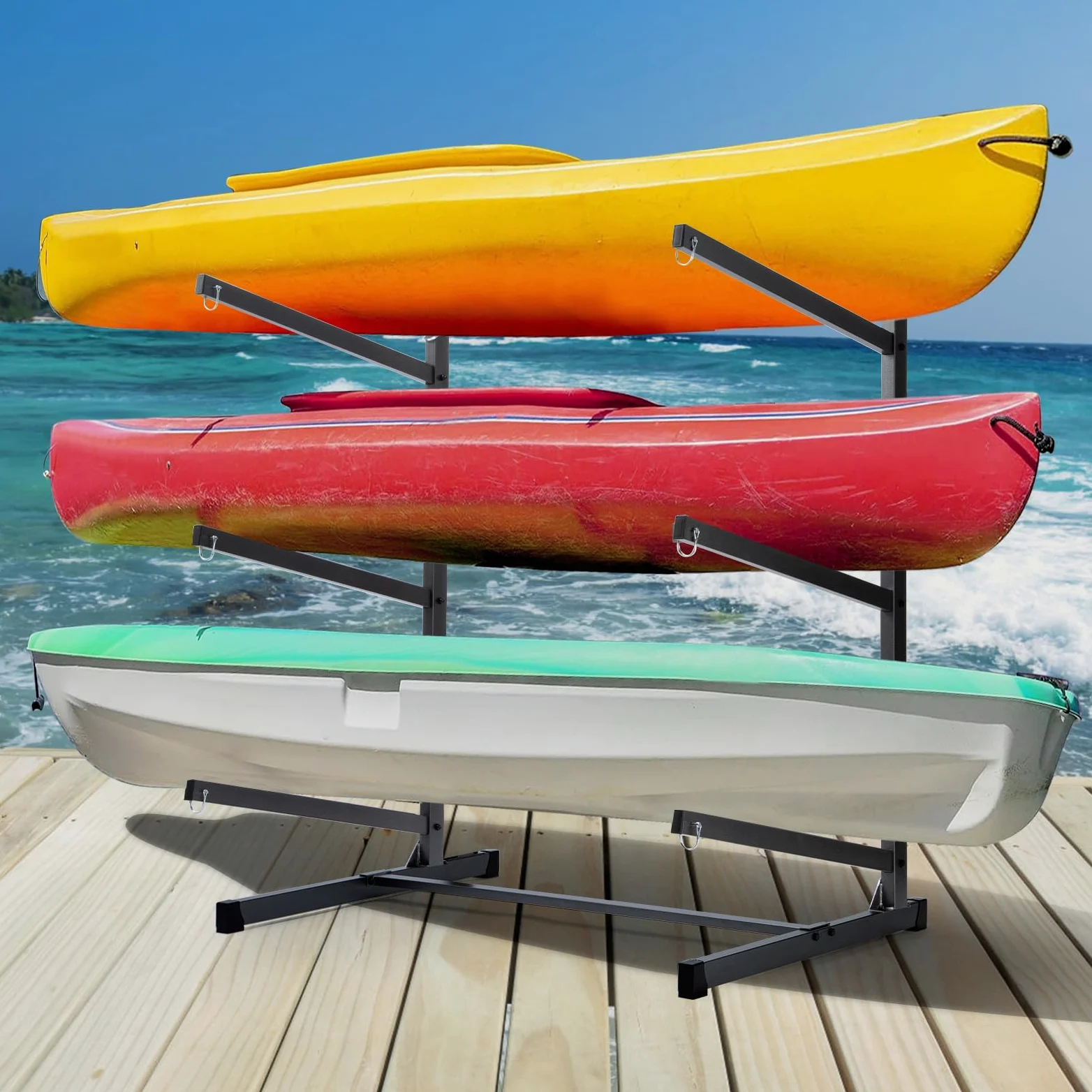 Heavy Duty Freestanding Kayak Rack s'en tient 3 planches, stockage extérieur résistant aux intempéries pour SUP Canoe Paddleboard, tampons en feutre de protection, cadre en acier industriel, support f