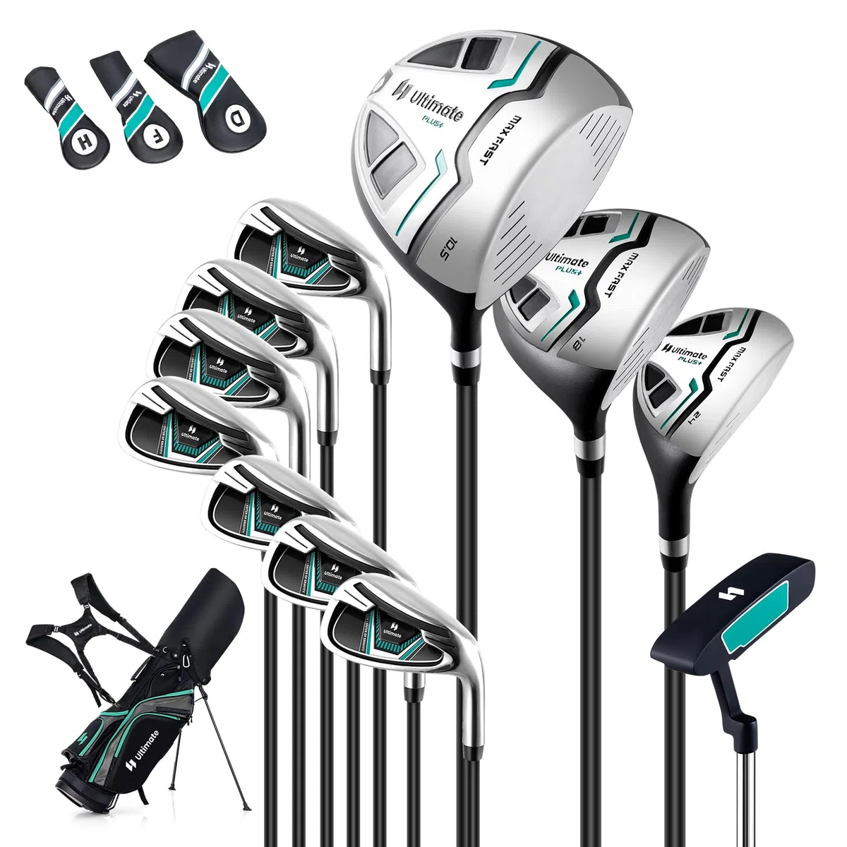 GYMAX Ensemble Complet de Clubs de Golf pour Hommes Droitier, Comprenant Driver #1 460CC, Fairway #3, Hybride #5, Fers #5, #6, #7, #8, #9, #P, #S, Putter, 3 Couvre-Golf et Sac de Golf