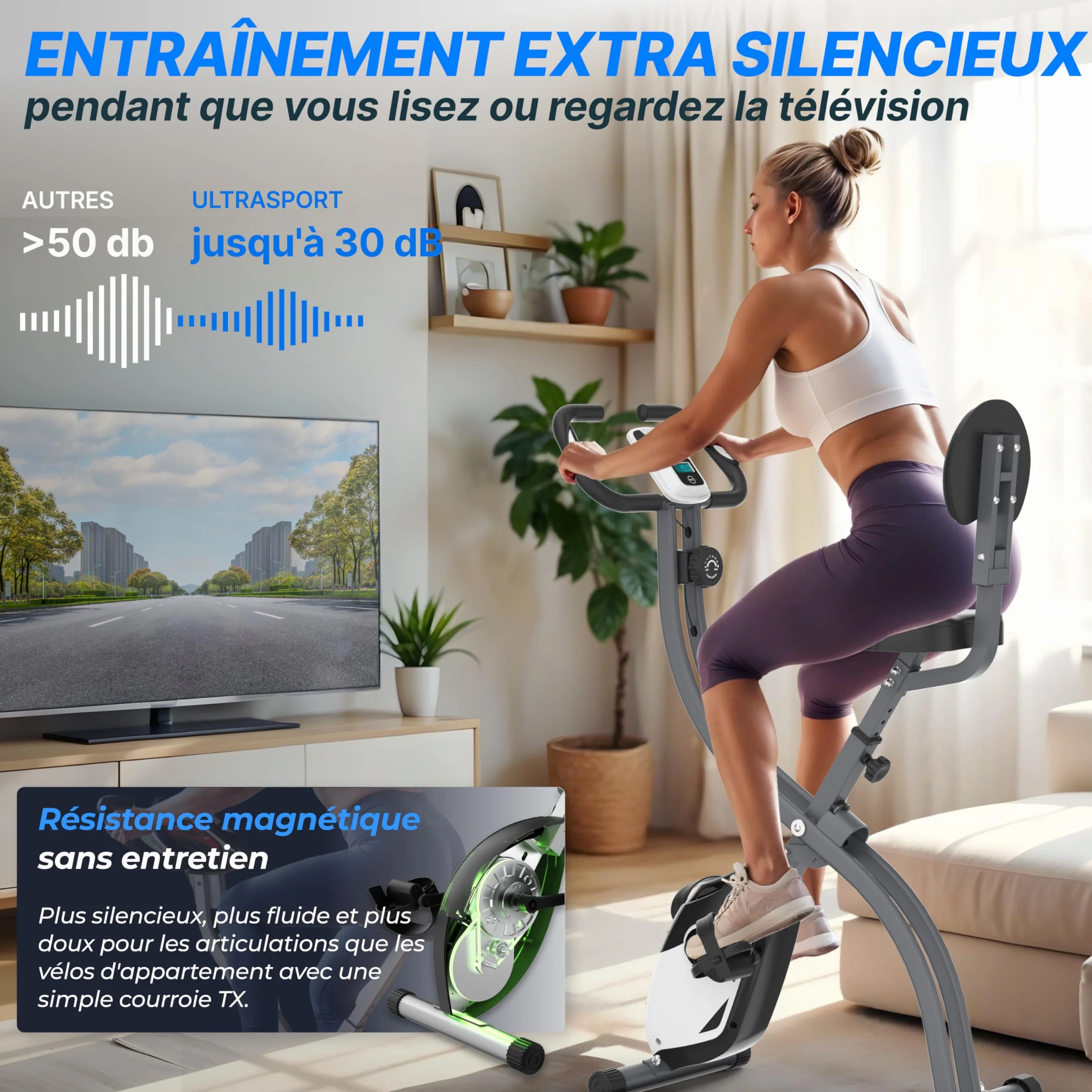 Ultrasport F-Bike Vélo d’Appartement Pliable I Vélos d'Appartement Extra Silencieux jusqu'à 130 kg avec Selle Confort, Velo d Appartement Pliable