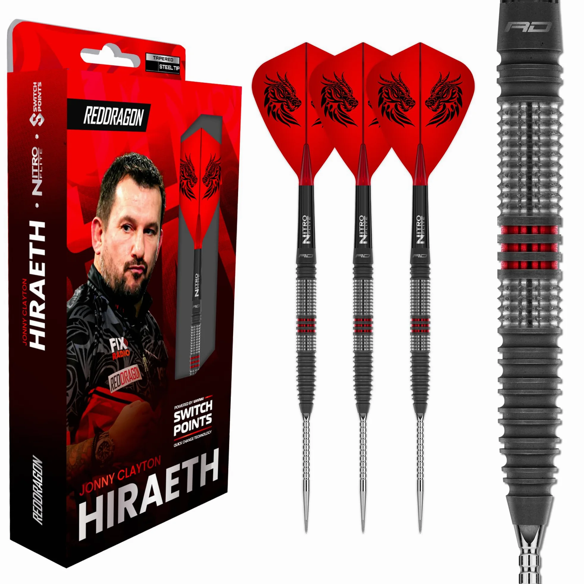 RED DRAGON Fléchettes – Joueur professionnel – Série Jonny Clayton Hiraeth – Switch Points 23 g – Fléchettes professionnelles – Jeu de fléchettes 90 % tungstène avec ailettes et tiges