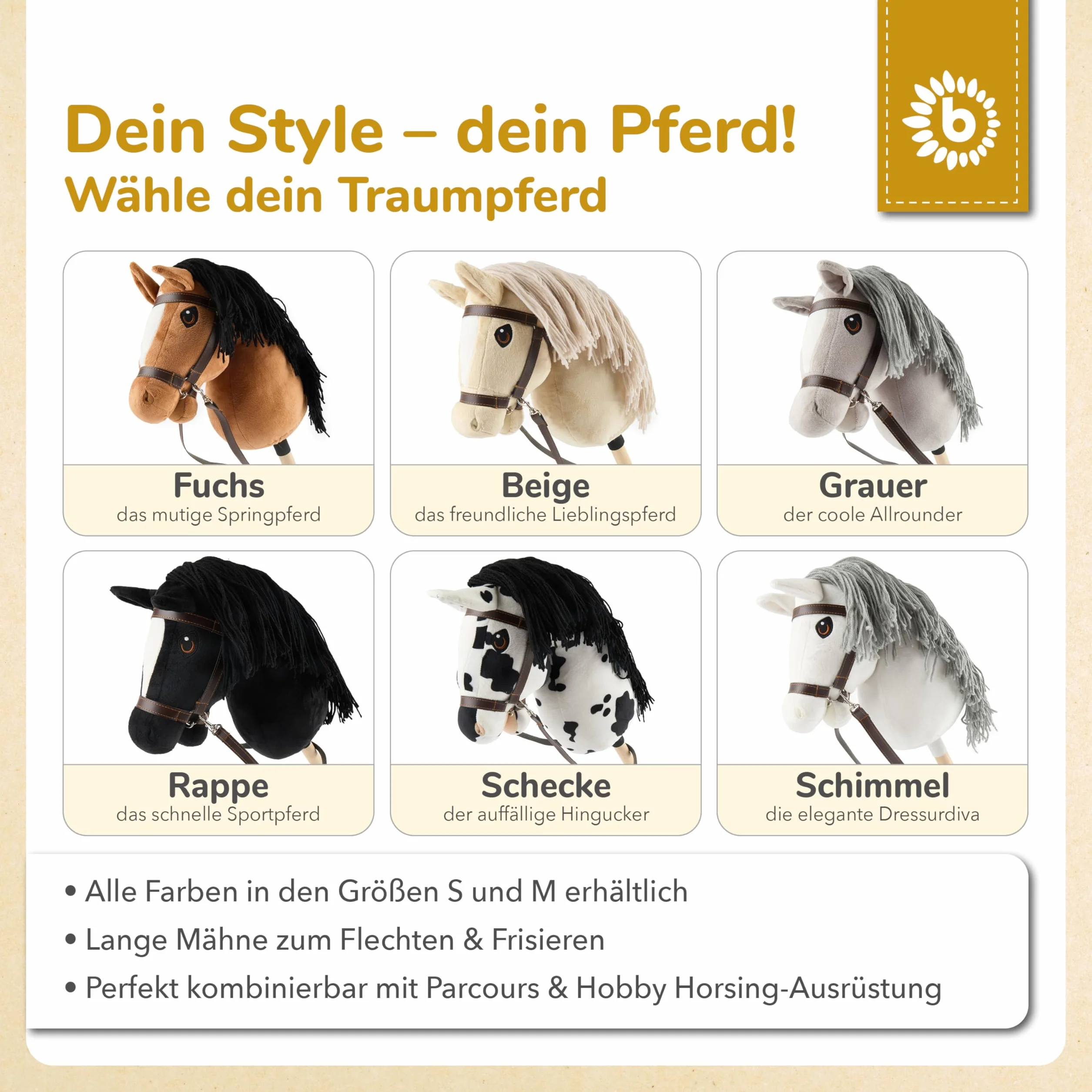 Bieco Hobby Horse Cheval de bataille M avec mors | Bâton et queue amovibles pour saut d'obstacles, dressage et jeu | Chevaux Hobby Horse Beige