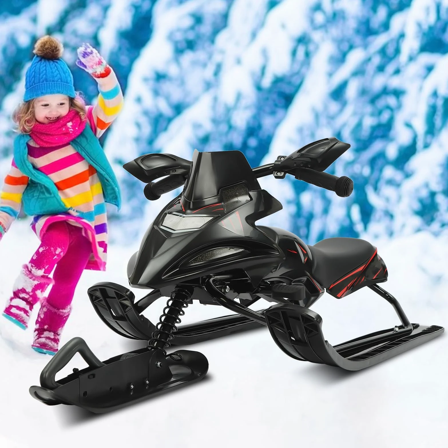 Luge de direction avec freins à pied pour enfants, avec corde de traction automatique et amortisseur pour enfants et adultes, charge maximale 80 kg, luge à patins Skibob avec siège rembourré